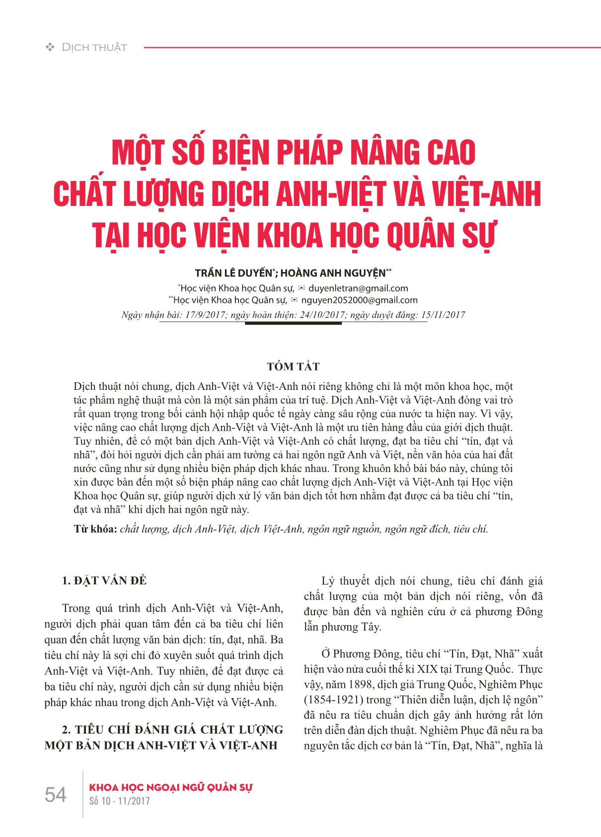 Một số biện pháp nâng cao chất lượng dịch Anh-Việt và Việt-Anh tại Học viện Khoa học Quân sự trang 1