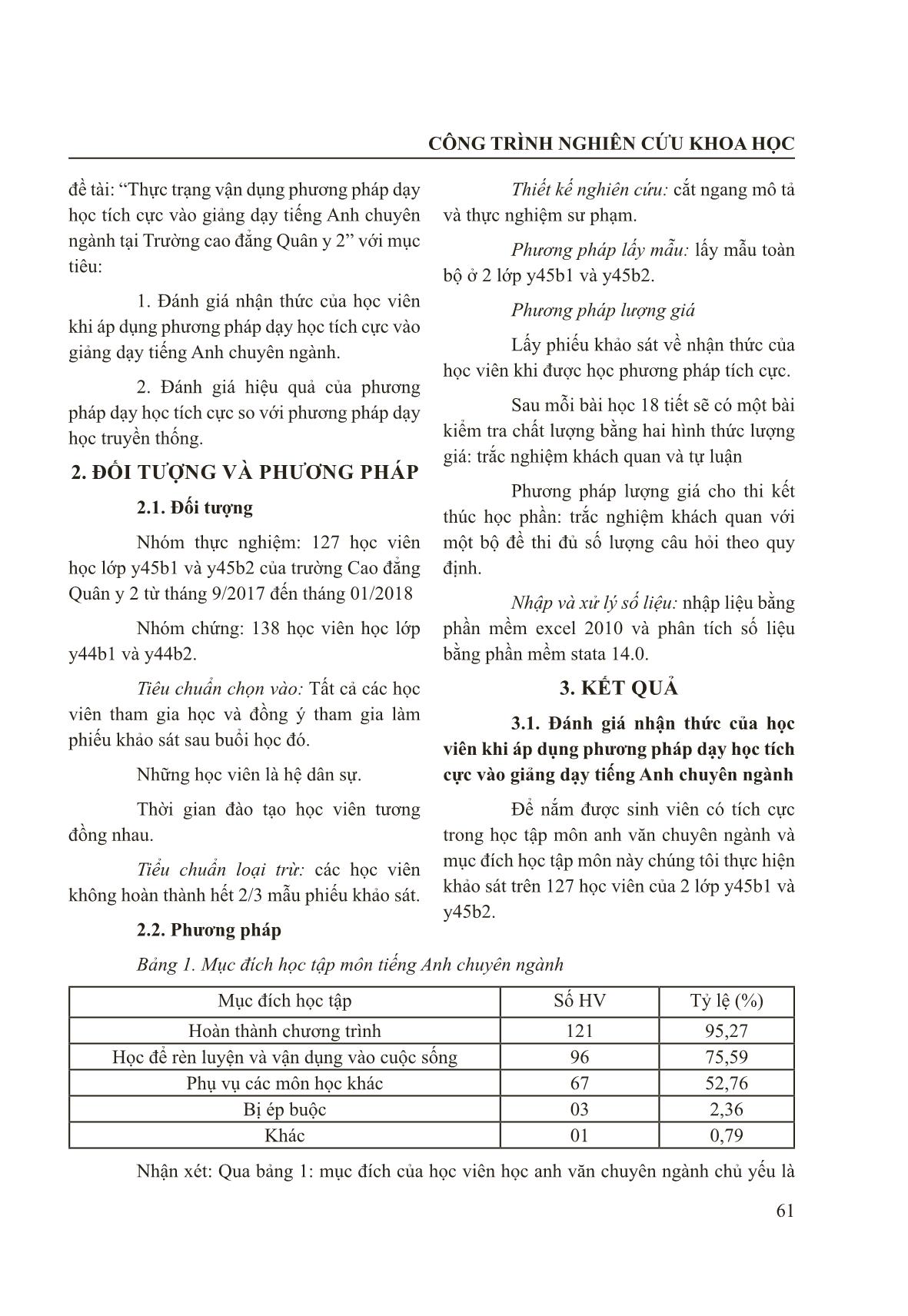 Nhận xét bước đầu kết quả vận dụng phương pháp dạy học tích cực vào dạy học tiếng Anh chuyên ngành tại trường Cao đẳng Quân y 2 trang 3