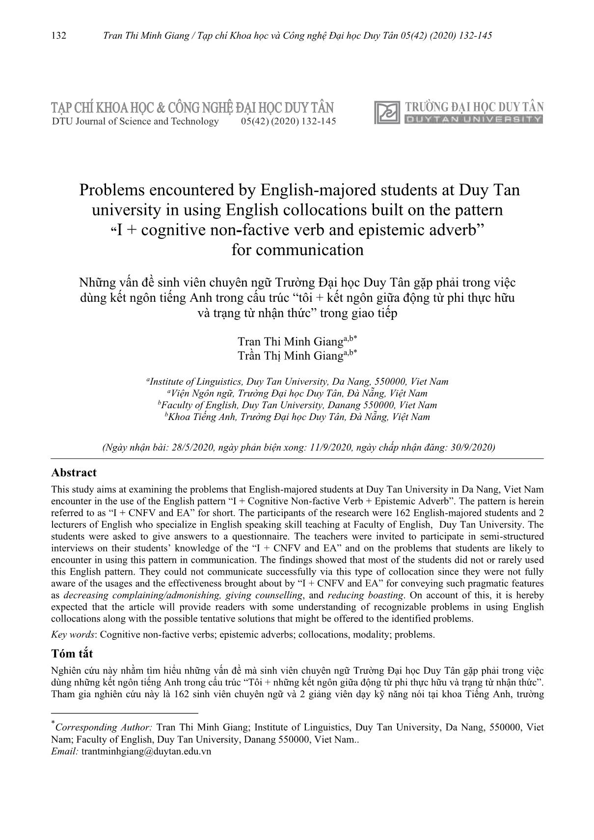 Những vấn đề sinh viên chuyên ngữ Trường Đại học Duy Tân gặp phải trong việc dùng kết ngôn tiếng Anh trong cấu trúc “tôi + kết ngôn giữa động từ phi thực hữu và trạng từ nhận thức” trong giao tiếp trang 1