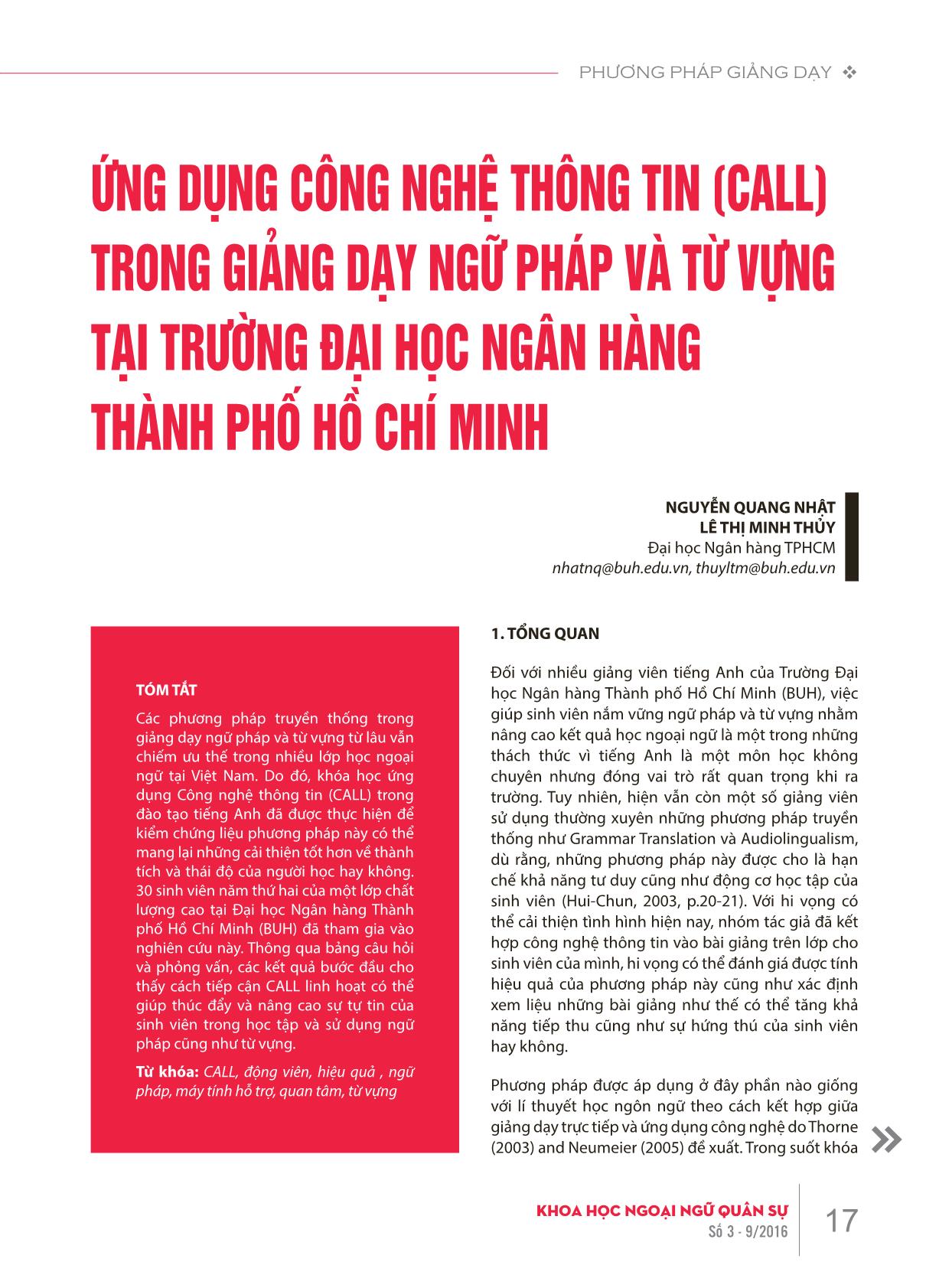 Ứng dụng công nghệ thông tin (Call) trong giảng dạy ngữ pháp và từ vựng tại trường Đại học Ngân hàng thành phố Hồ Chí Minh trang 1