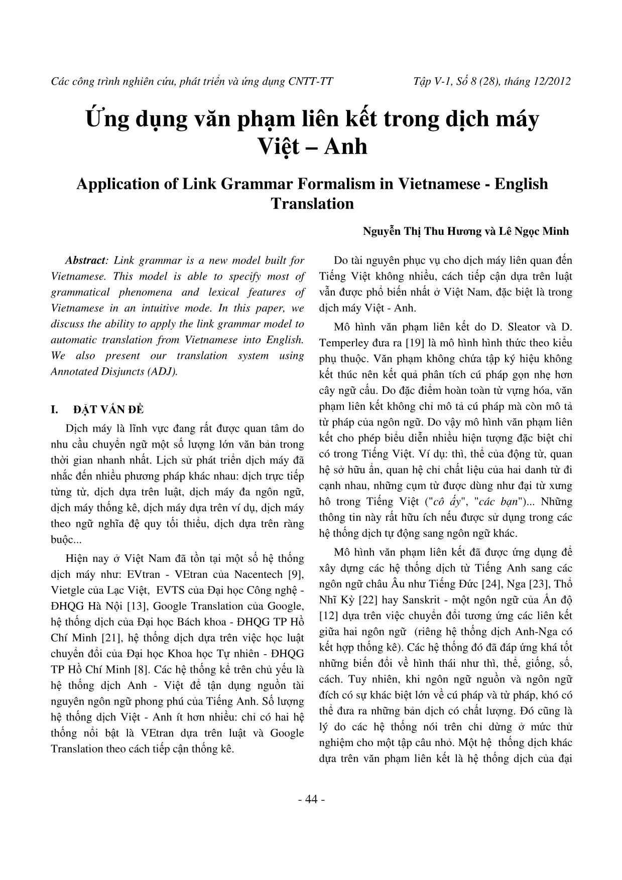 Ứng dụng văn phạm liên kết trong dịch máy Việt – Anh trang 1