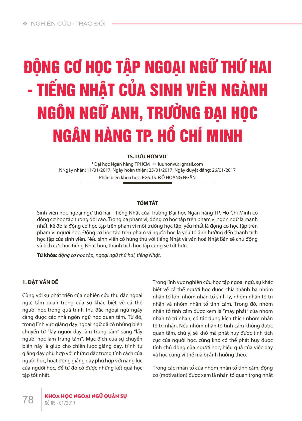 Động cơ học tập ngoại ngữ thứ hai - Tiếng Nhật của sinh viên ngành Ngôn ngữ Anh, trường Đại học Ngân hàng thành phố Hồ Chí Minh trang 1