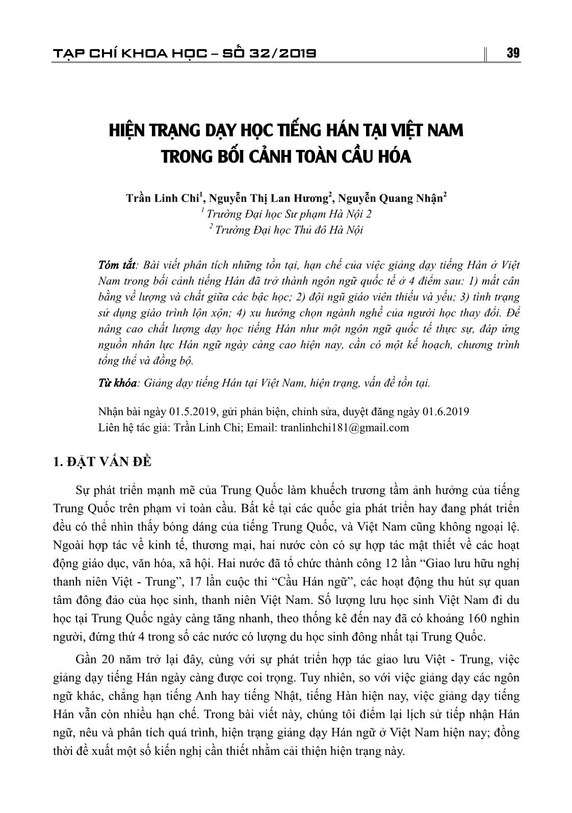 Hiện trạng dạy học tiếng Hán tại Việt Nam trong bối cảnh toàn cầu hóa trang 1