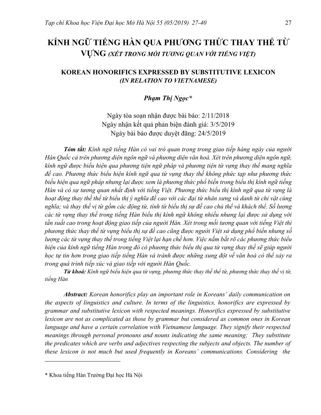 Kính ngữ tiếng Hàn qua phương thức thay thế từ vựng (Xét trong mối tương quan với tiếng Việt) trang 1