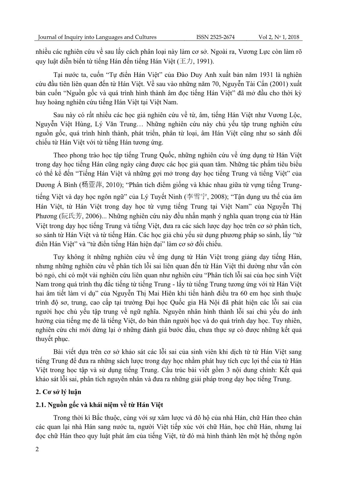 Khảo sát lỗi sai của sinh viên khoa Ngoại ngữ, Đại học Thái Nguyên khi dịch trực tiếp từ Hán Việt sang tiếng Trung và giải pháp khắc phục trang 2