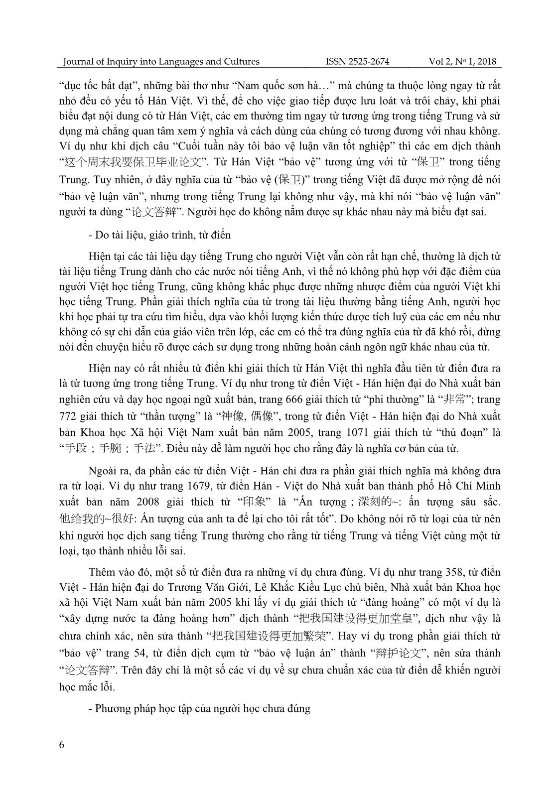 Khảo sát lỗi sai của sinh viên khoa Ngoại ngữ, Đại học Thái Nguyên khi dịch trực tiếp từ Hán Việt sang tiếng Trung và giải pháp khắc phục trang 6