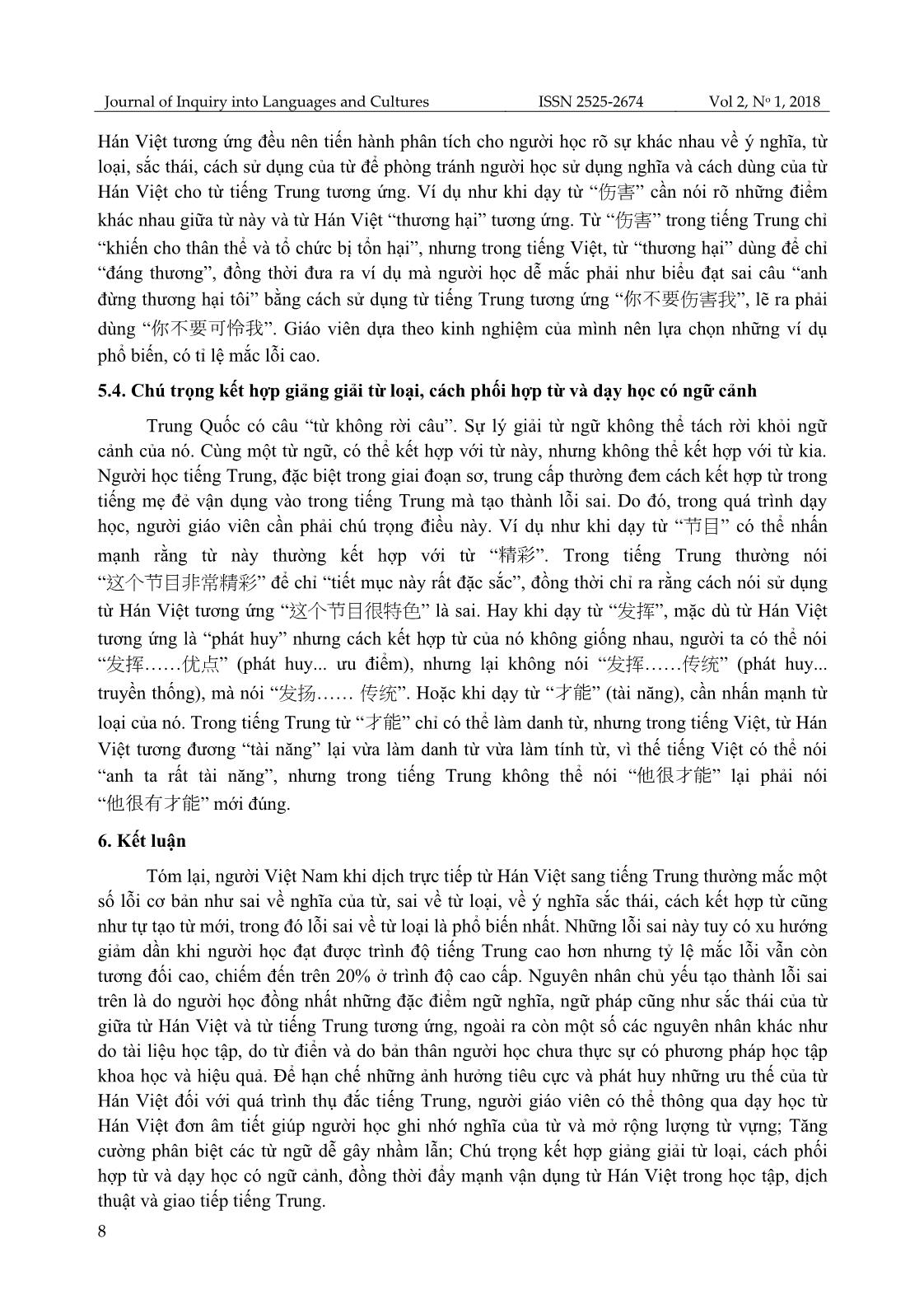 Khảo sát lỗi sai của sinh viên khoa Ngoại ngữ, Đại học Thái Nguyên khi dịch trực tiếp từ Hán Việt sang tiếng Trung và giải pháp khắc phục trang 8