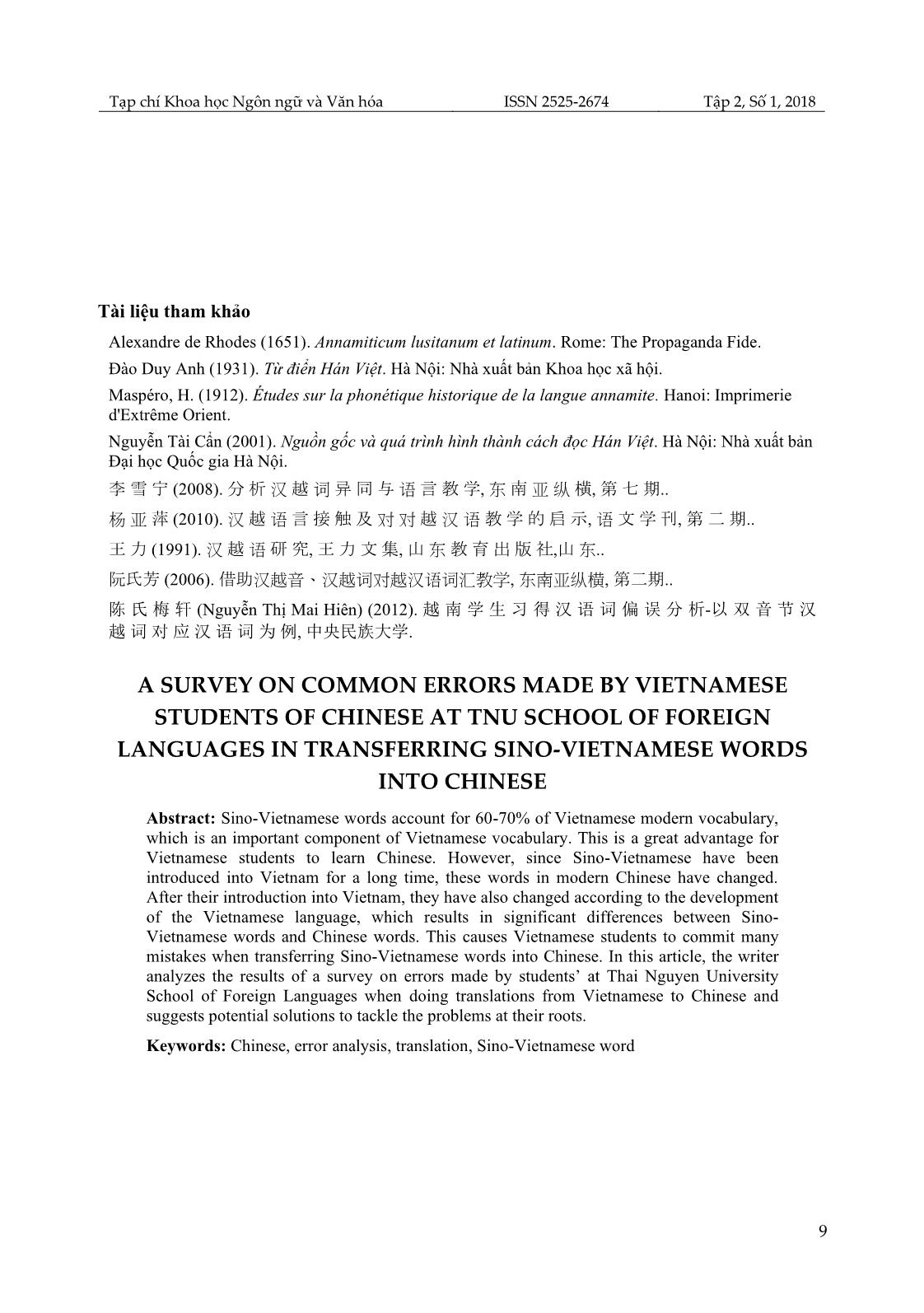 Khảo sát lỗi sai của sinh viên khoa Ngoại ngữ, Đại học Thái Nguyên khi dịch trực tiếp từ Hán Việt sang tiếng Trung và giải pháp khắc phục trang 9