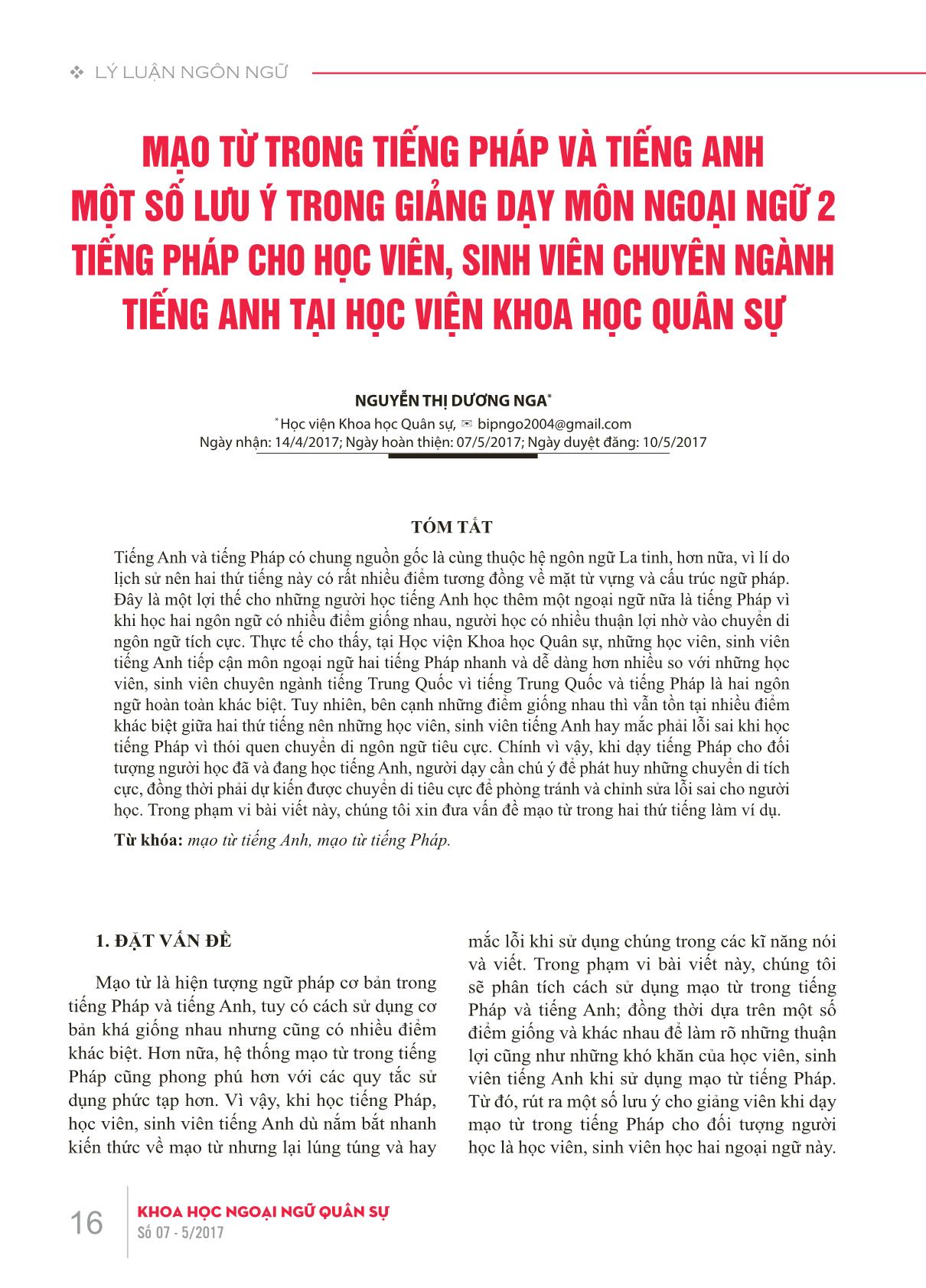 Mạo từ trong tiếng Pháp và tiếng Anh một số lưu ý trong giảng dạy môn Ngoại ngữ 2 tiếng Pháp cho học viên, sinh viên chuyên ngành Tiếng Anh tại Học viện Khoa học Quân sự trang 1