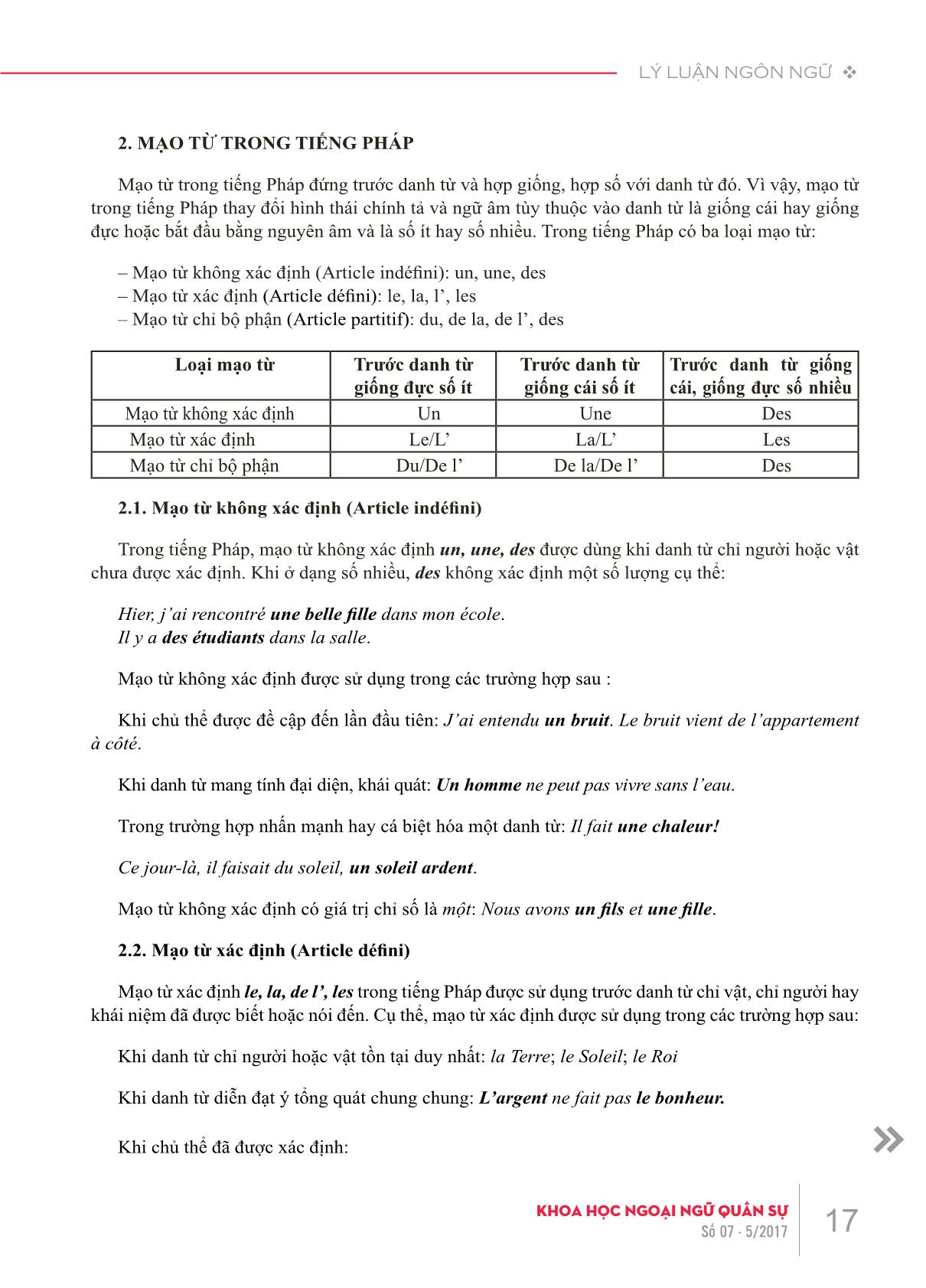 Mạo từ trong tiếng Pháp và tiếng Anh một số lưu ý trong giảng dạy môn Ngoại ngữ 2 tiếng Pháp cho học viên, sinh viên chuyên ngành Tiếng Anh tại Học viện Khoa học Quân sự trang 2