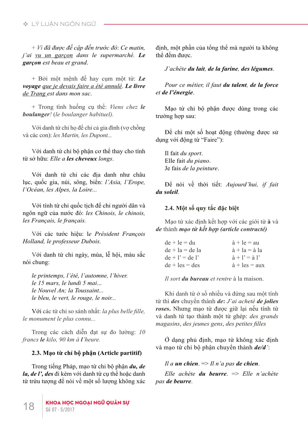 Mạo từ trong tiếng Pháp và tiếng Anh một số lưu ý trong giảng dạy môn Ngoại ngữ 2 tiếng Pháp cho học viên, sinh viên chuyên ngành Tiếng Anh tại Học viện Khoa học Quân sự trang 3