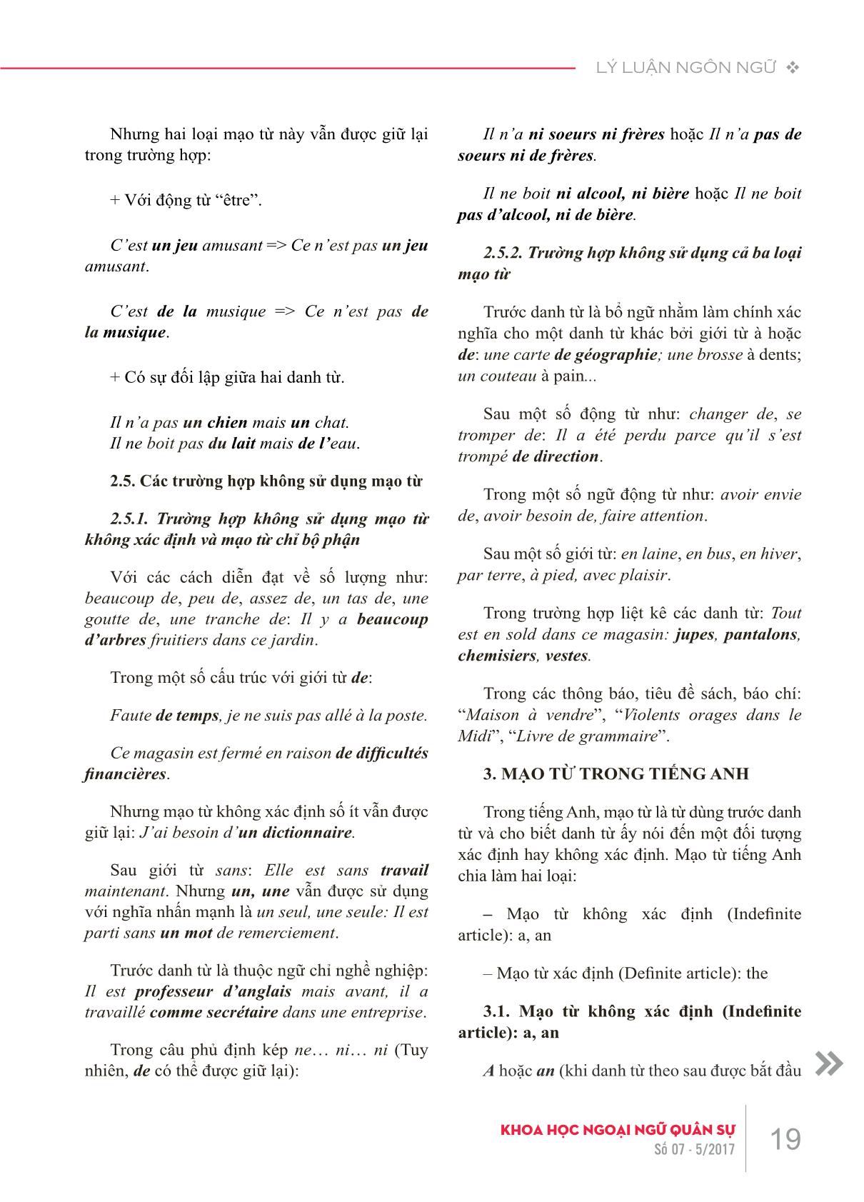 Mạo từ trong tiếng Pháp và tiếng Anh một số lưu ý trong giảng dạy môn Ngoại ngữ 2 tiếng Pháp cho học viên, sinh viên chuyên ngành Tiếng Anh tại Học viện Khoa học Quân sự trang 4