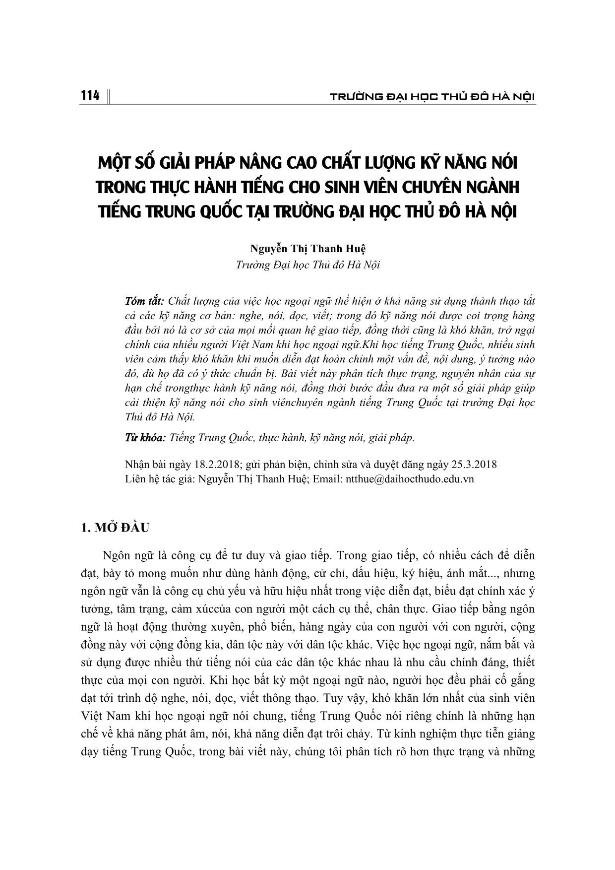 Một số giải pháp nâng cao chất lượng kỹ năng nói trong thực hành tiếng cho sinh viên chuyên ngành Tiếng Trung Quốc tại trường Đại học Thủ đô Hà Nội trang 1