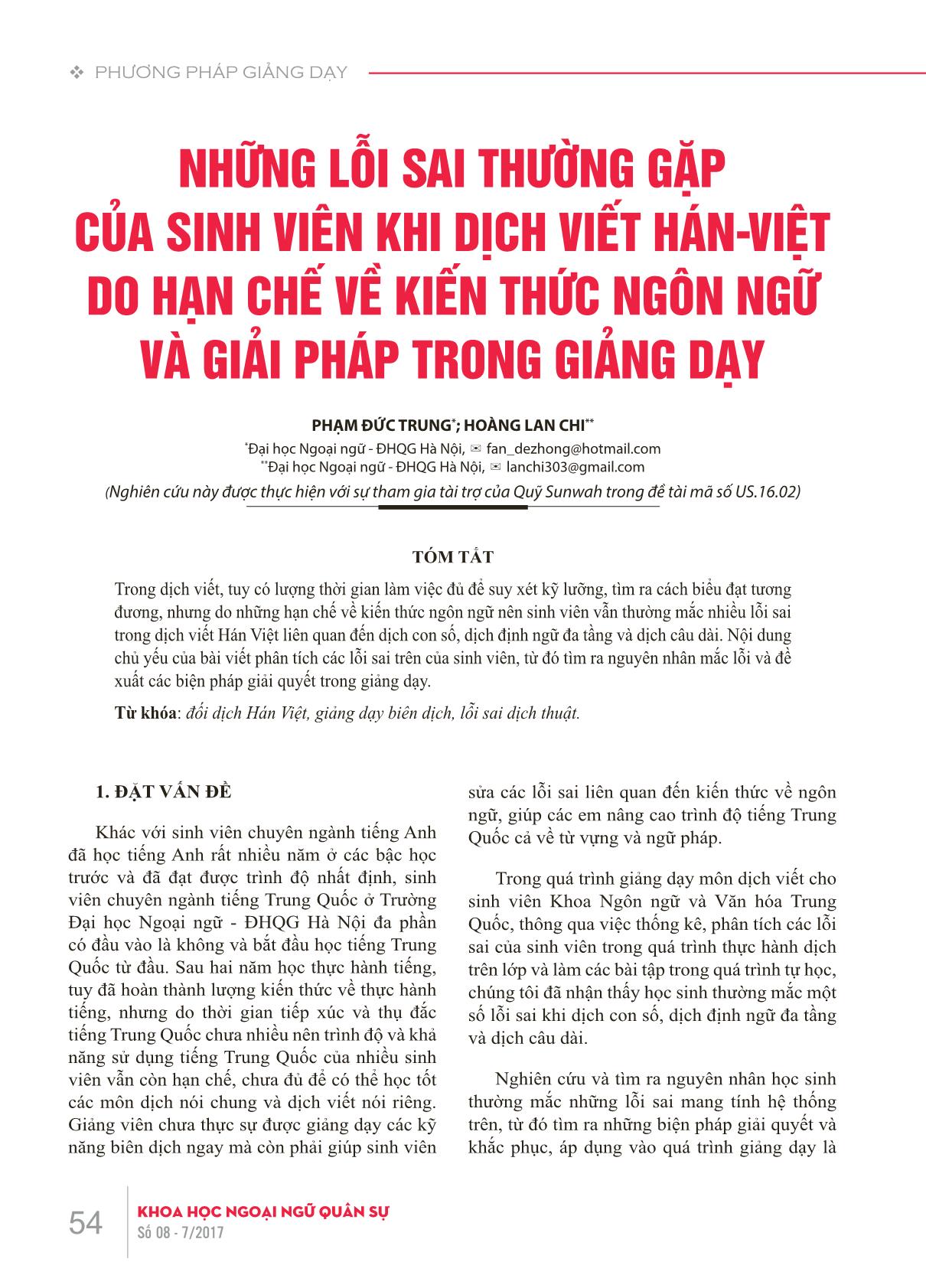 Những lỗi sai thường gặp của sinh viên khi dịch viết Hán-Việt do hạn chế về kiến thức ngôn ngữ và giải pháp trong giảng dạy trang 1
