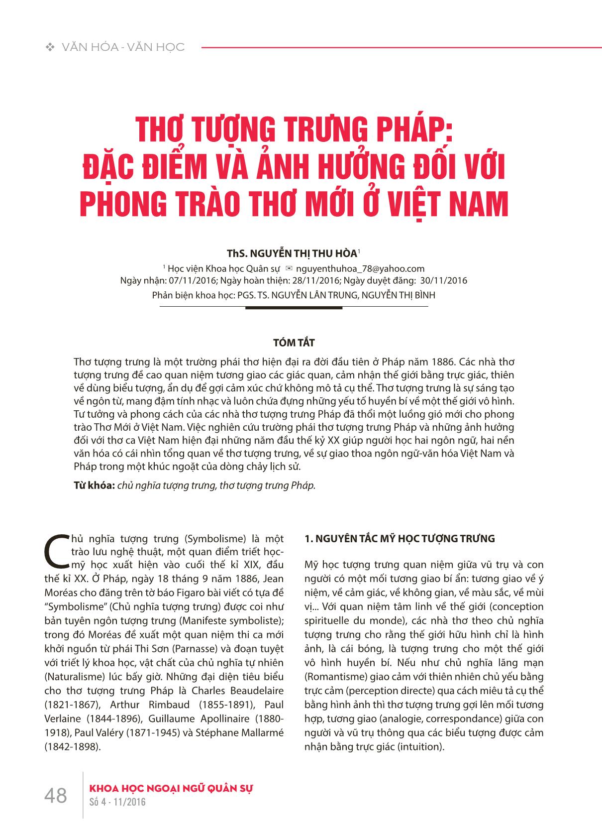 Thơ tượng trưng Pháp: Đặc điểm và ảnh hưởng đối với phong trào thơ mới ở Việt Nam trang 1