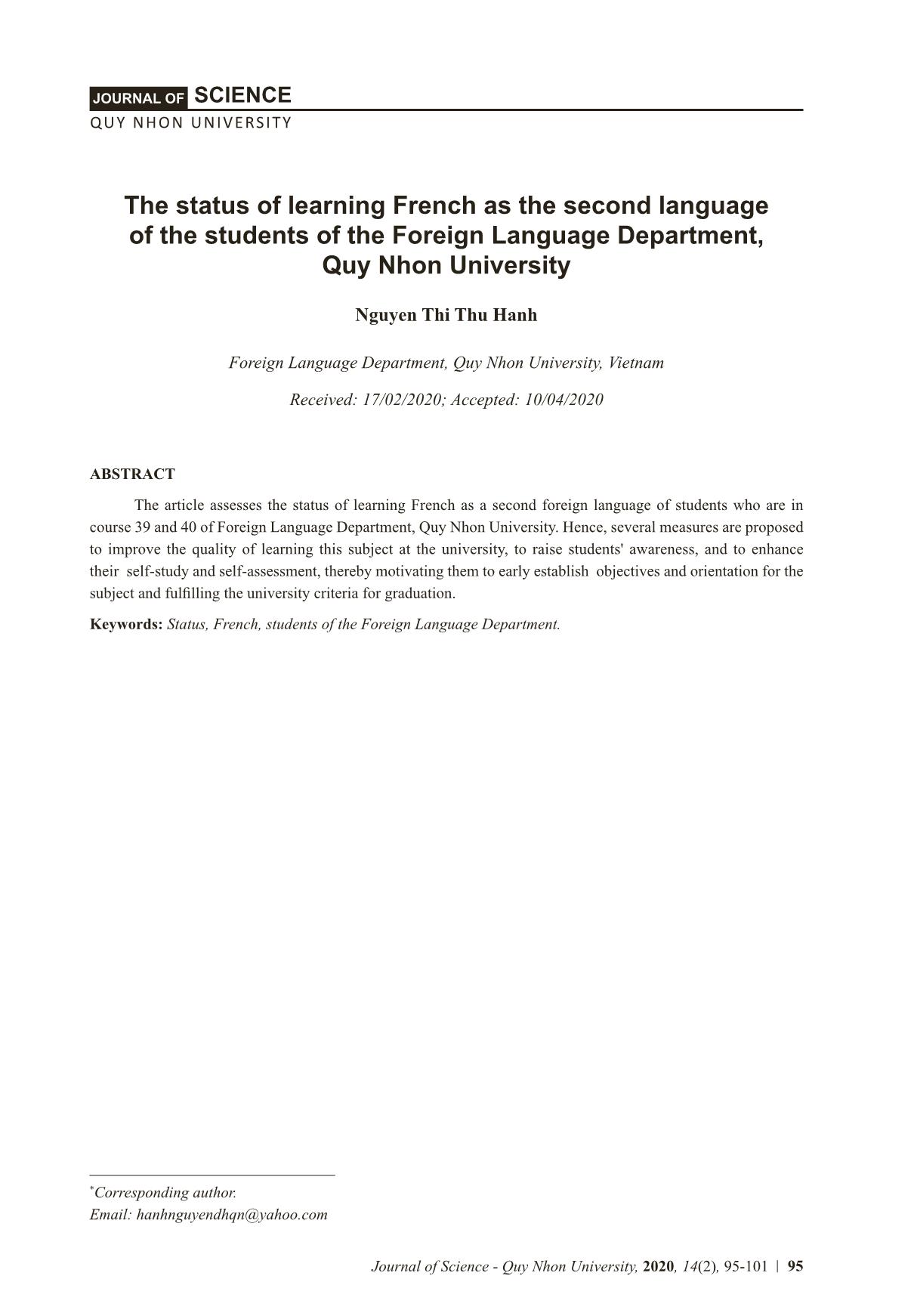 Thực trạng học tiếng Pháp như ngoại ngữ hai của sinh viên Khoa Ngoại ngữ, trường Đại học Quy Nhơn trang 1
