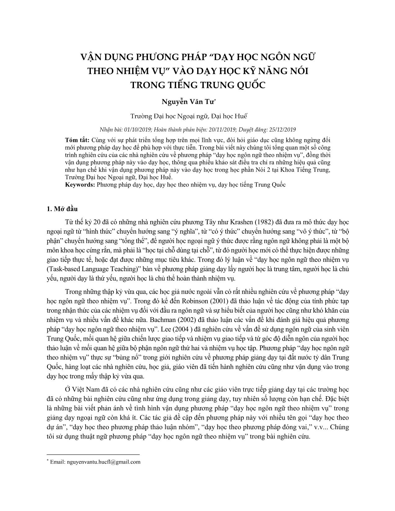 Vận dụng phương pháp “Dạy học ngôn ngữ theo nhiệm vụ” vào dạy học kỹ năng nói trong tiếng Trung Quốc trang 1