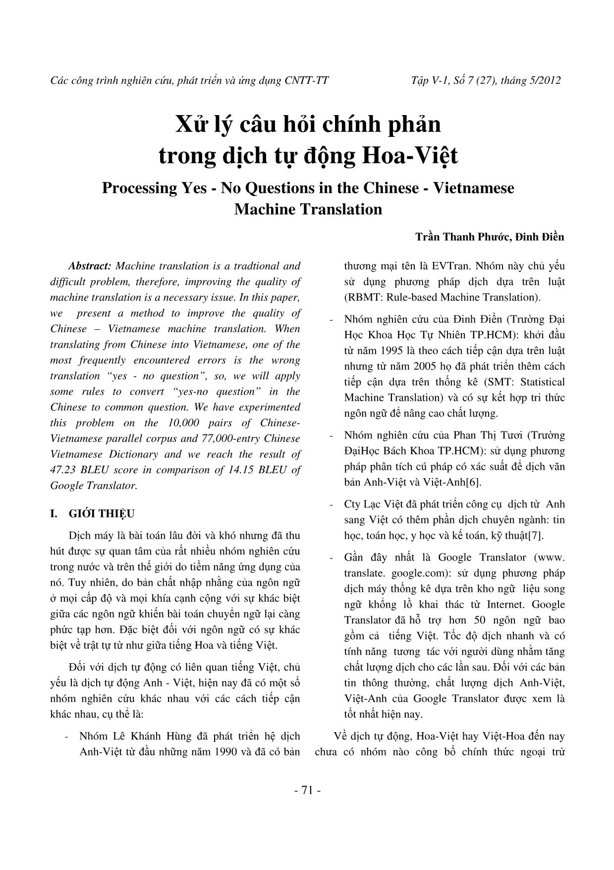 Xử lý câu hỏi chính phản trong dịch tự động Hoa-Việt trang 1