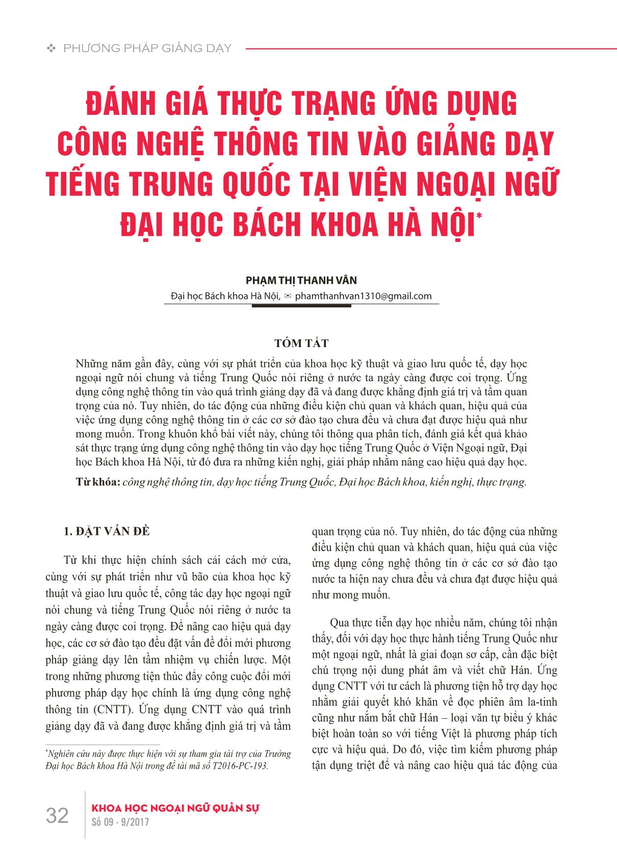 Đánh giá thực trạng ứng dụng công nghệ thông tin vào giảng dạy tiếng Trung Quốc tại Viện ngoại ngữ Đại học Bách khoa Hà Nội trang 1
