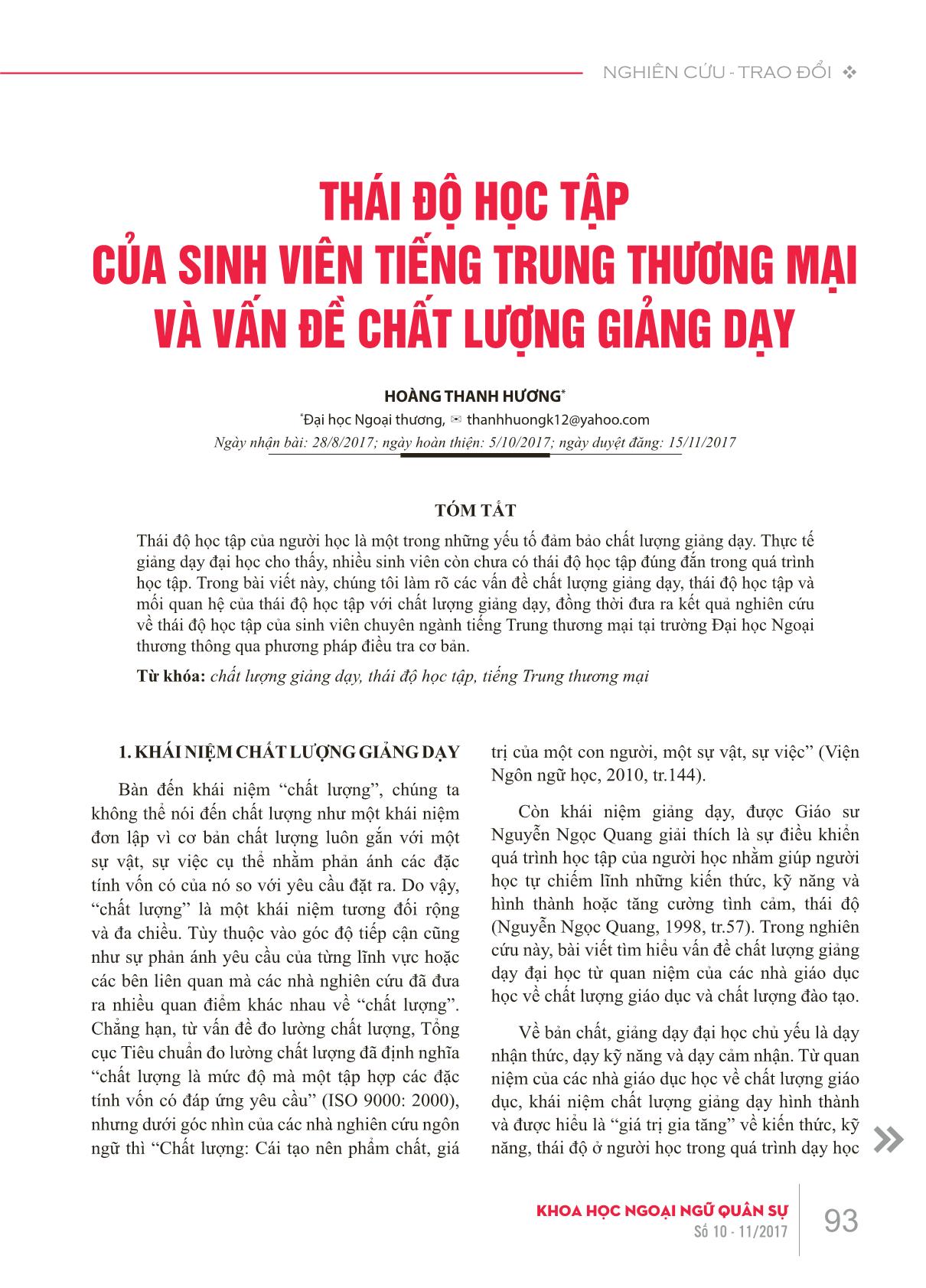 Thái độ học tập của sinh viên tiếng Trung thương mại và vấn đề chất lượng giảng dạy trang 1