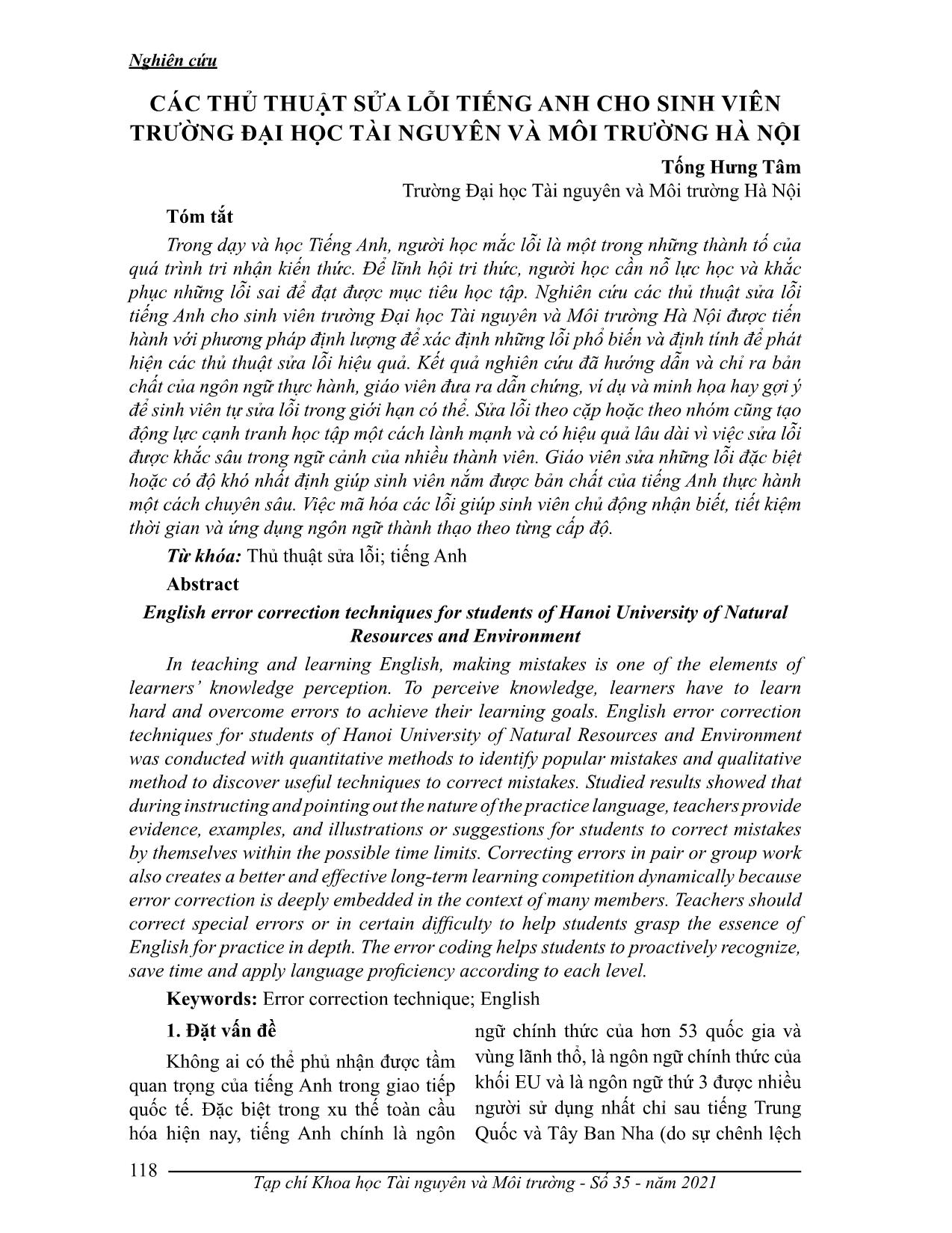 Các thủ thuật sửa lỗi tiếng Anh cho sinh viên trường Đại học Tài nguyên và Môi trường Hà Nội trang 1