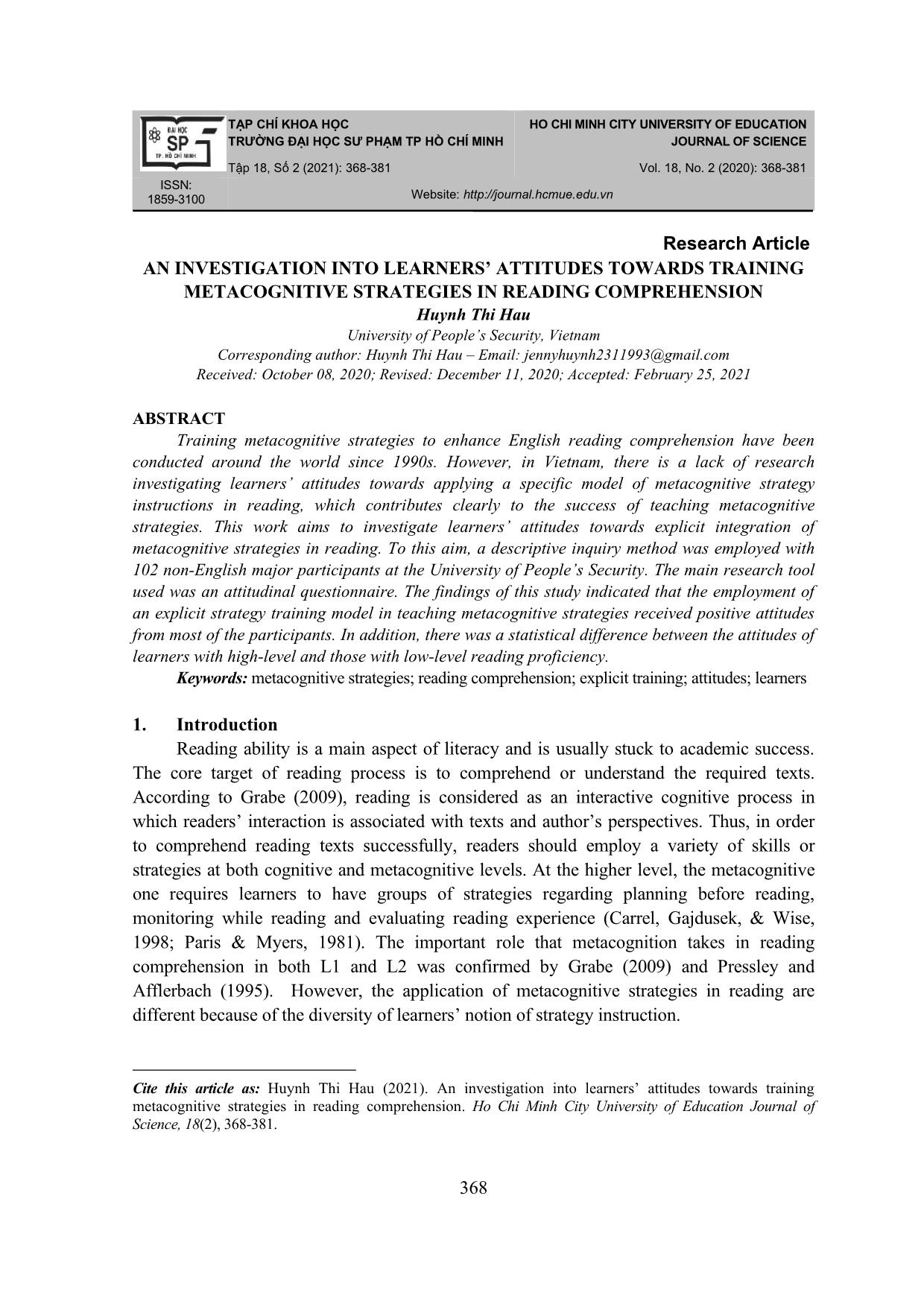 An investigation into learners’ attitudes towards training metacognitive strategies in reading comprehension trang 1