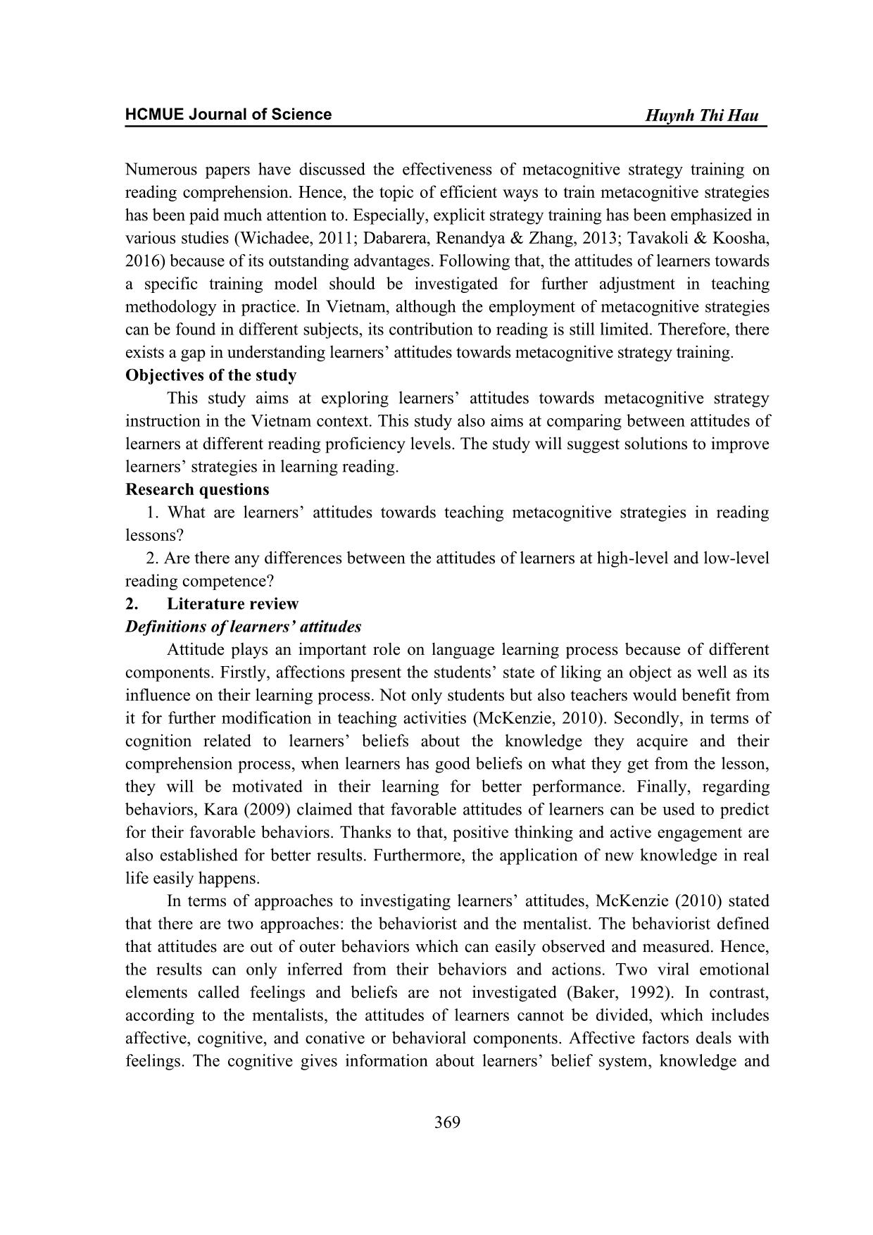 An investigation into learners’ attitudes towards training metacognitive strategies in reading comprehension trang 2