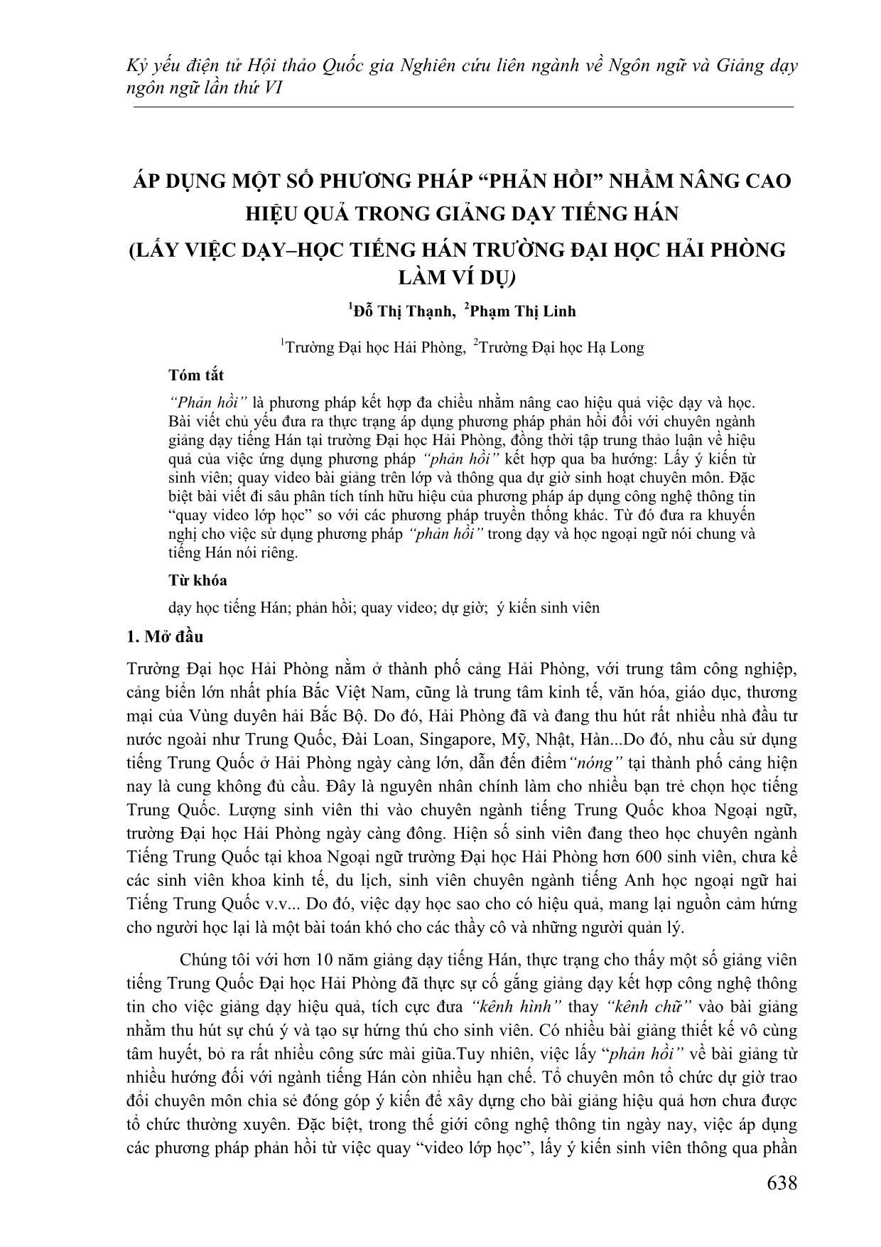 Áp dụng một số phương pháp “Phản hồi” nhằm nâng cao hiệu quả trong giảng dạy tiếng Hán (Lấy việc dạy học tiếng Hán trường Đại học Hải Phòng làm ví dụ) trang 1