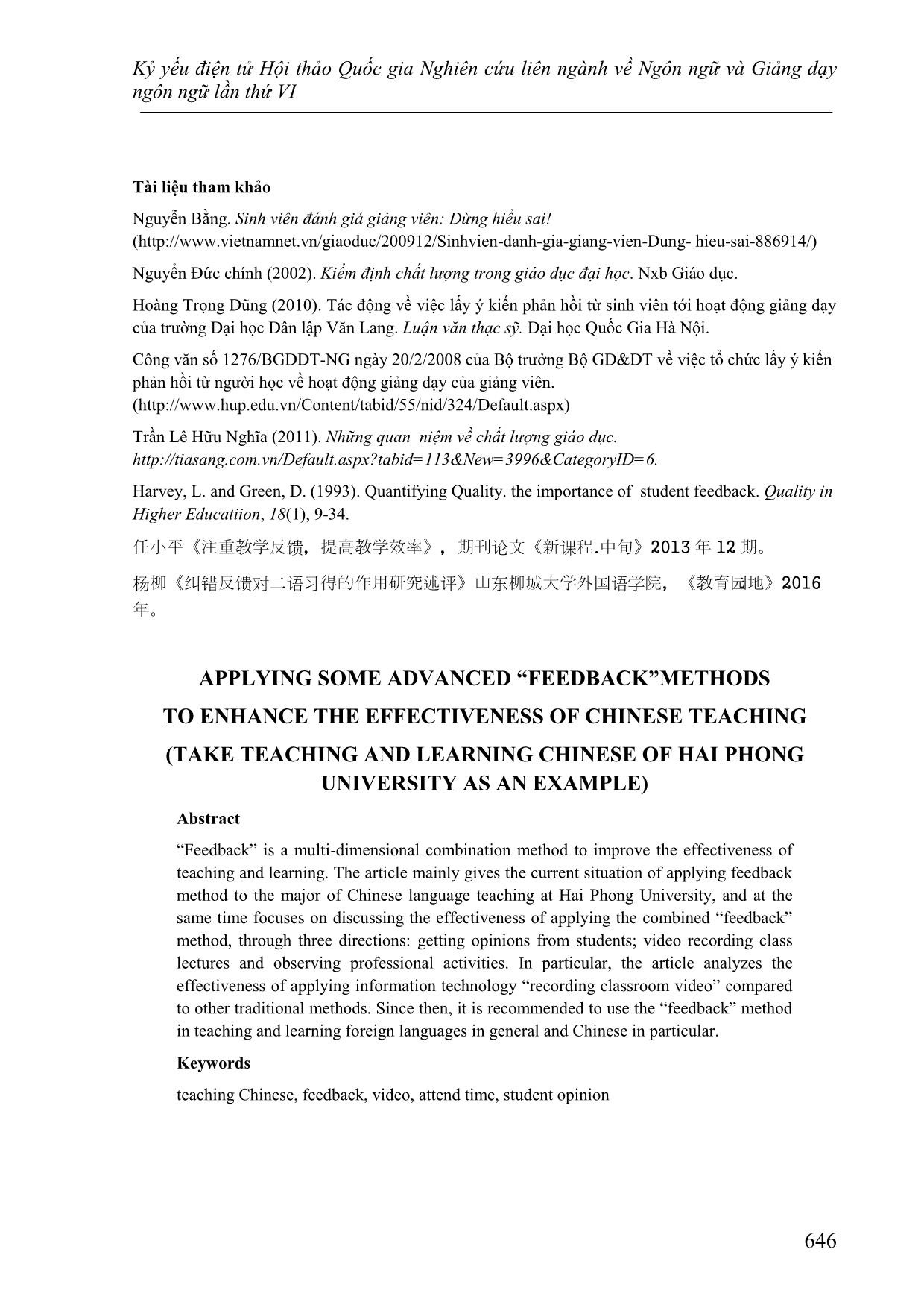Áp dụng một số phương pháp “Phản hồi” nhằm nâng cao hiệu quả trong giảng dạy tiếng Hán (Lấy việc dạy học tiếng Hán trường Đại học Hải Phòng làm ví dụ) trang 9