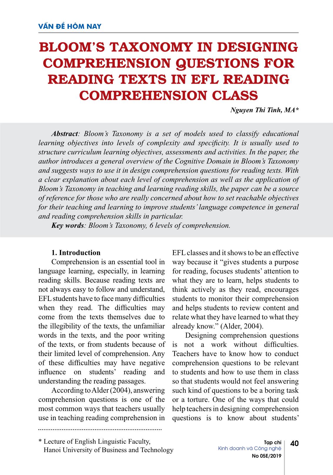 Bloom’s taxonomy in designing comprehension questions for reading texts in EFL reading comprehension class trang 1