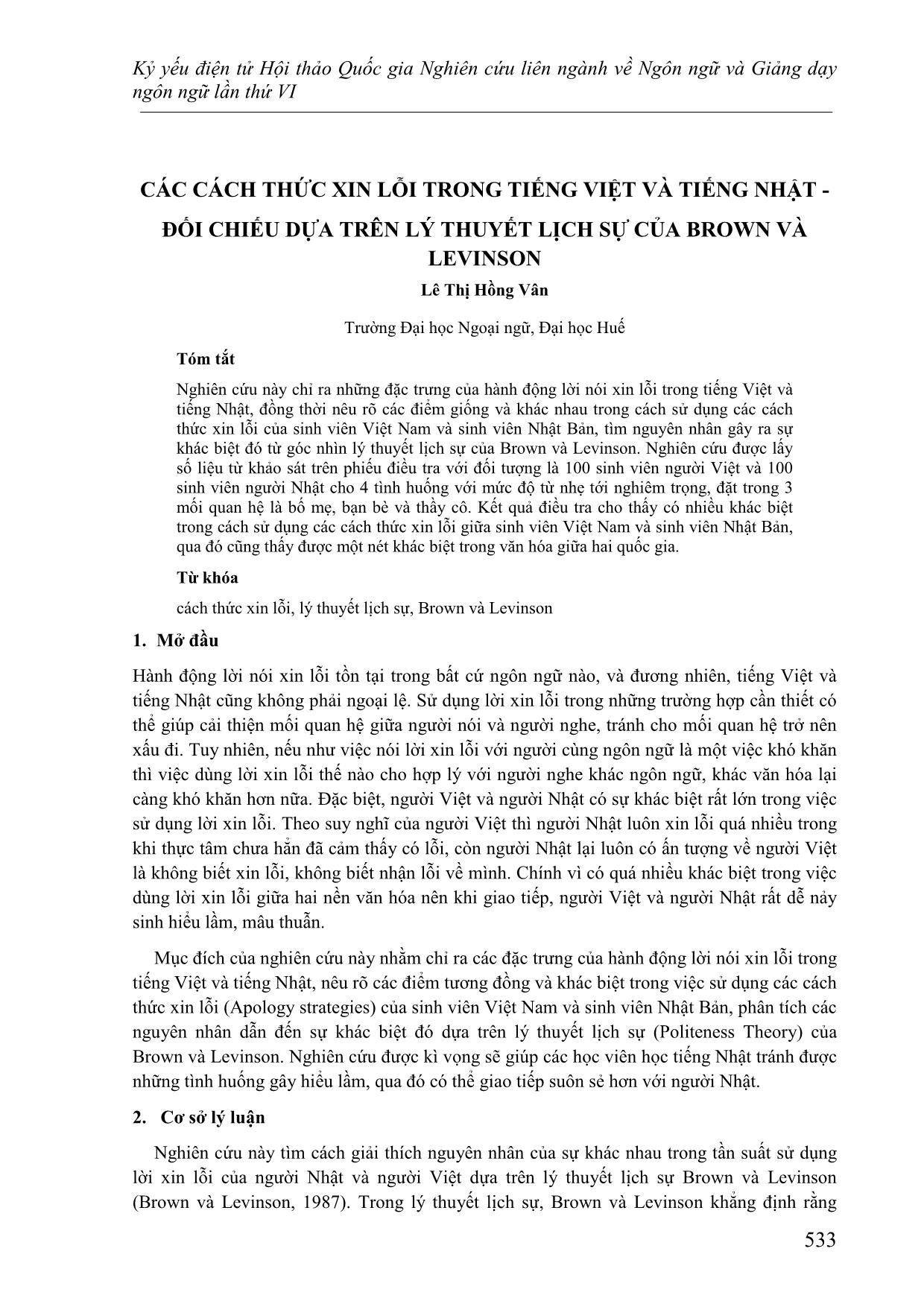 Các cách thức xin lỗi trong tiếng Việt và tiếng Nhật - Đối chiếu dựa trên lý thuyết lịch sự của Brown và Levinson trang 1