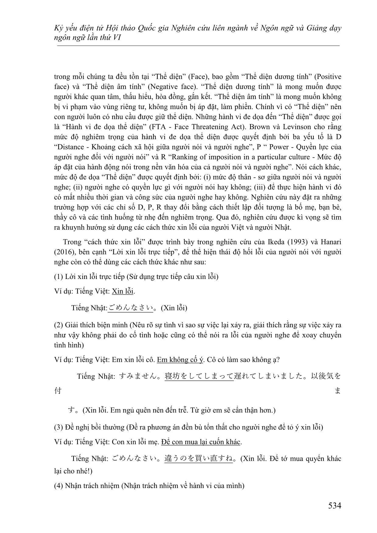 Các cách thức xin lỗi trong tiếng Việt và tiếng Nhật - Đối chiếu dựa trên lý thuyết lịch sự của Brown và Levinson trang 2