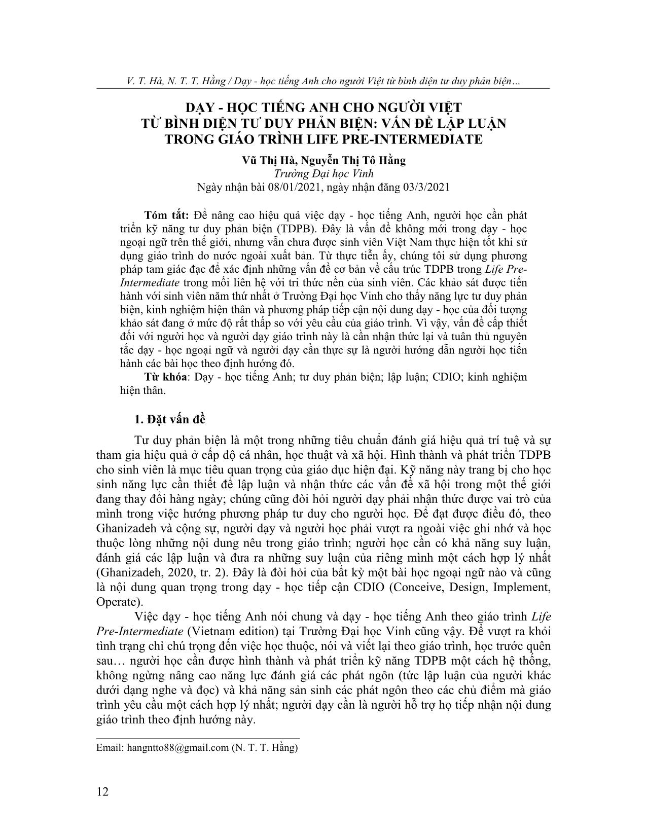Dạy - học tiếng Anh cho người Việt từ bình diện tư duy phản biện: Vấn đề lập luận trong giáo trình Life Pre-Intermediate trang 1