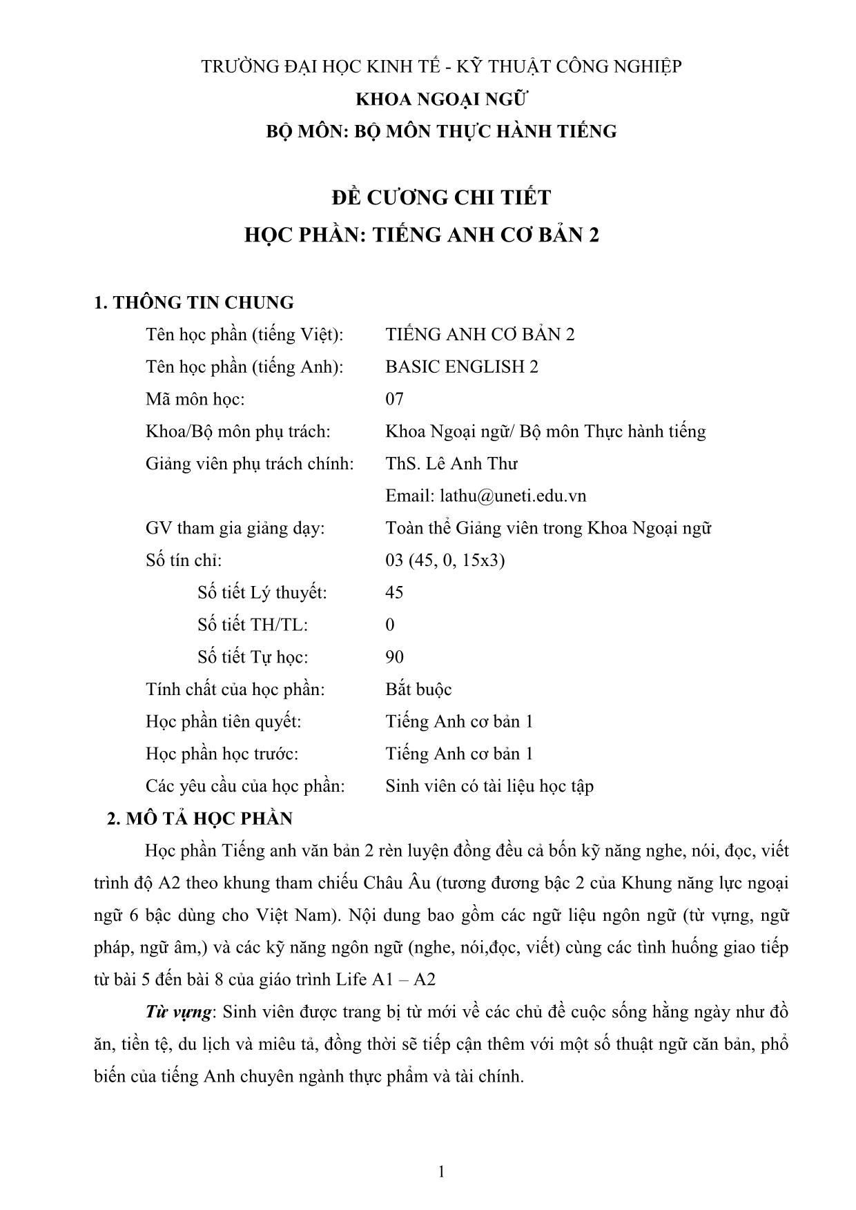 Đề cương chi tiết học phần Tiếng Anh cơ bản 2 trang 1