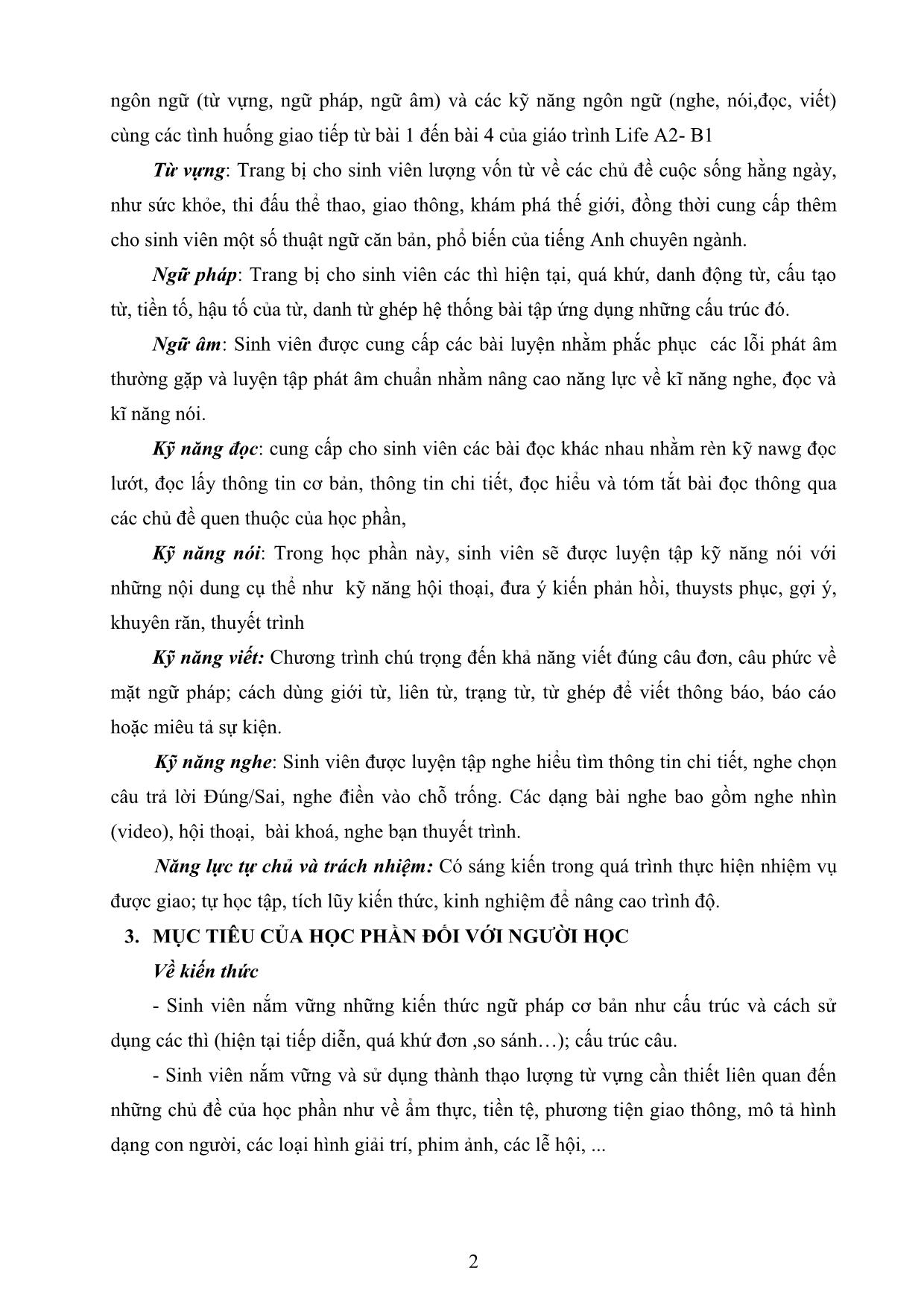 Đề cương chi tiết học phần Tiếng Anh cơ bản 4 trang 2