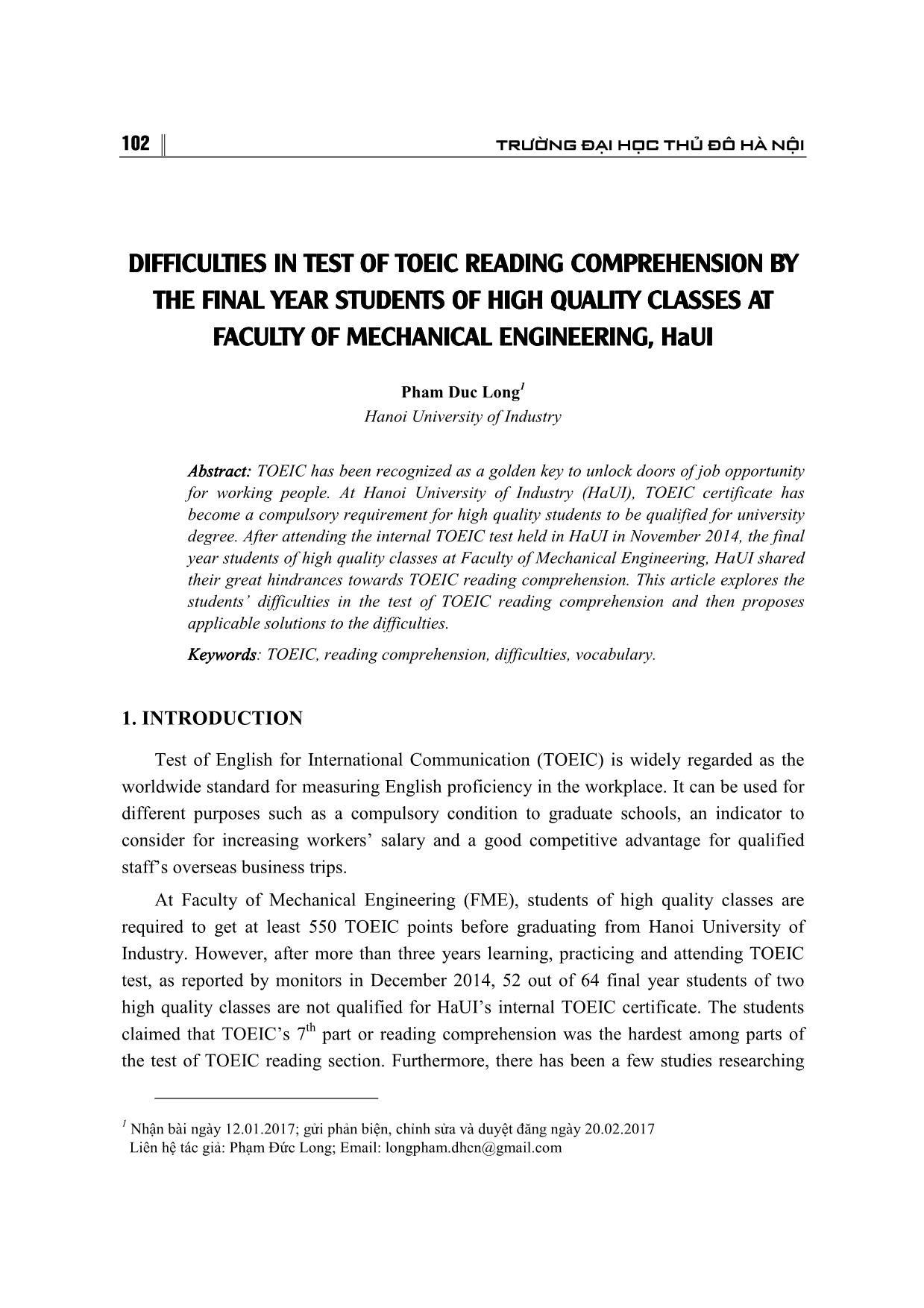 Difficulties in test of Toeic reading comprehension by the final year students of high quality classes at faculty of mechanical engineering, HaUI trang 1