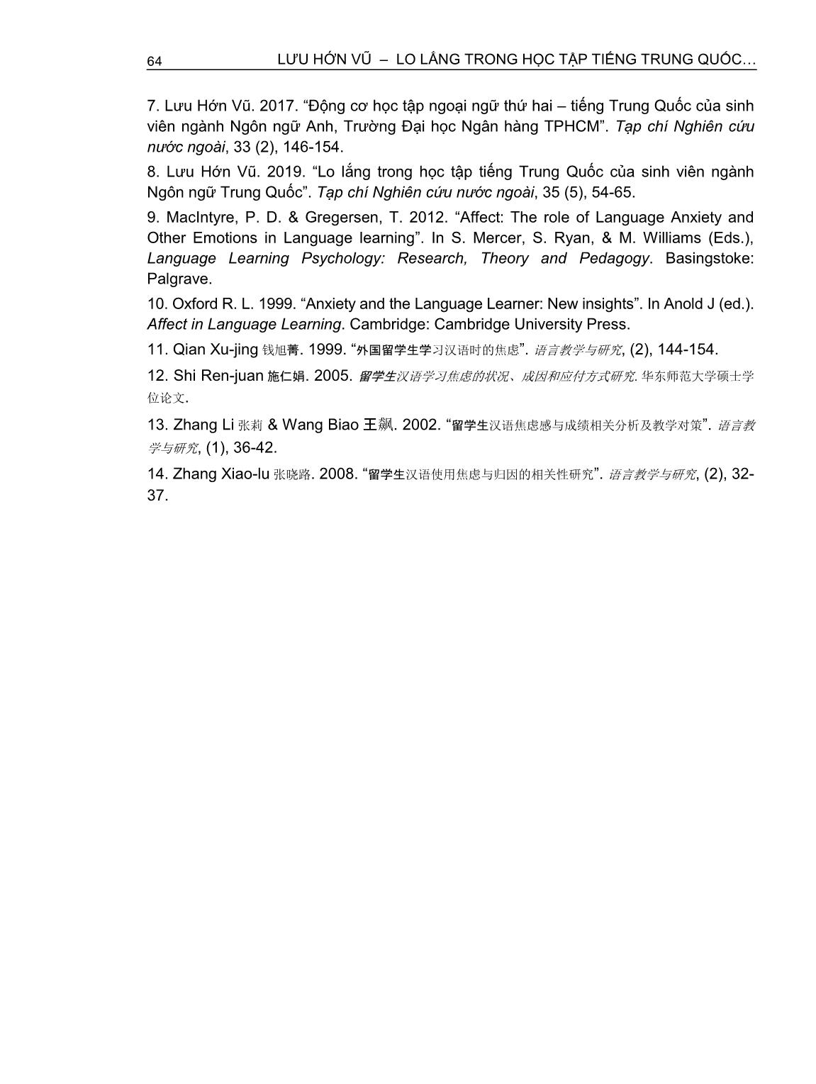 Lo lắng trong học tập tiếng Trung Quốc - Ngoại ngữ thứ hai của sinh viên ngành Ngôn ngữ anh (Trường hợp Trường Đại học Ngân hàng thành phố Hồ Chí Minh) trang 10