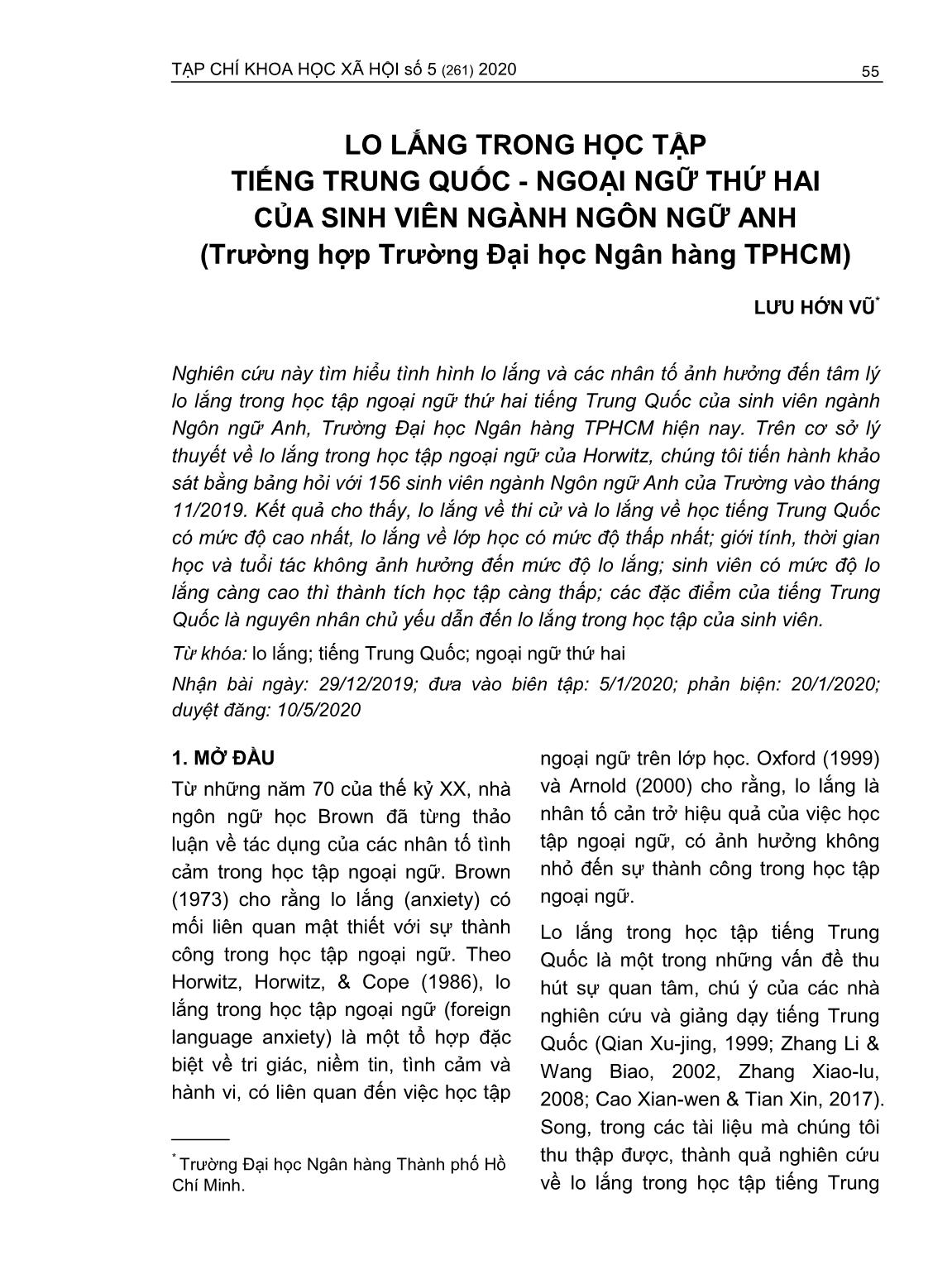 Lo lắng trong học tập tiếng Trung Quốc - Ngoại ngữ thứ hai của sinh viên ngành Ngôn ngữ anh (Trường hợp Trường Đại học Ngân hàng thành phố Hồ Chí Minh) trang 1