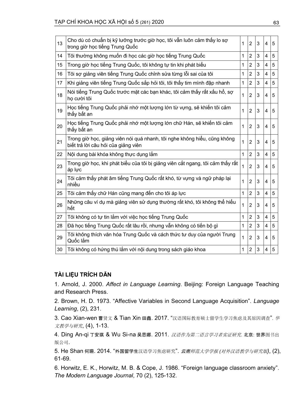 Lo lắng trong học tập tiếng Trung Quốc - Ngoại ngữ thứ hai của sinh viên ngành Ngôn ngữ anh (Trường hợp Trường Đại học Ngân hàng thành phố Hồ Chí Minh) trang 9