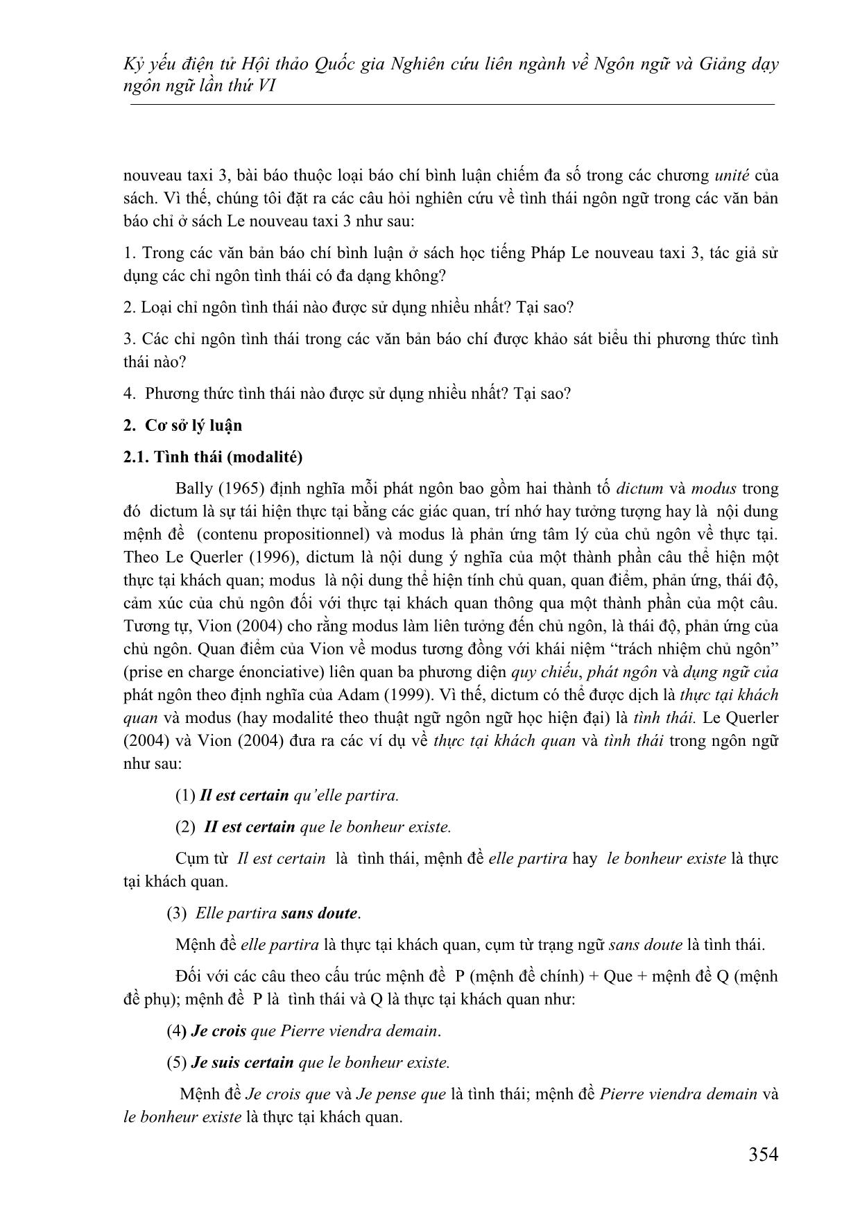 Nghiên cứu việc sử dụng chỉ ngôn tình thái ở các văn bản báo chí bình luận trong sách học tiếng Pháp Le Nouveau Taxi 3 trang 2