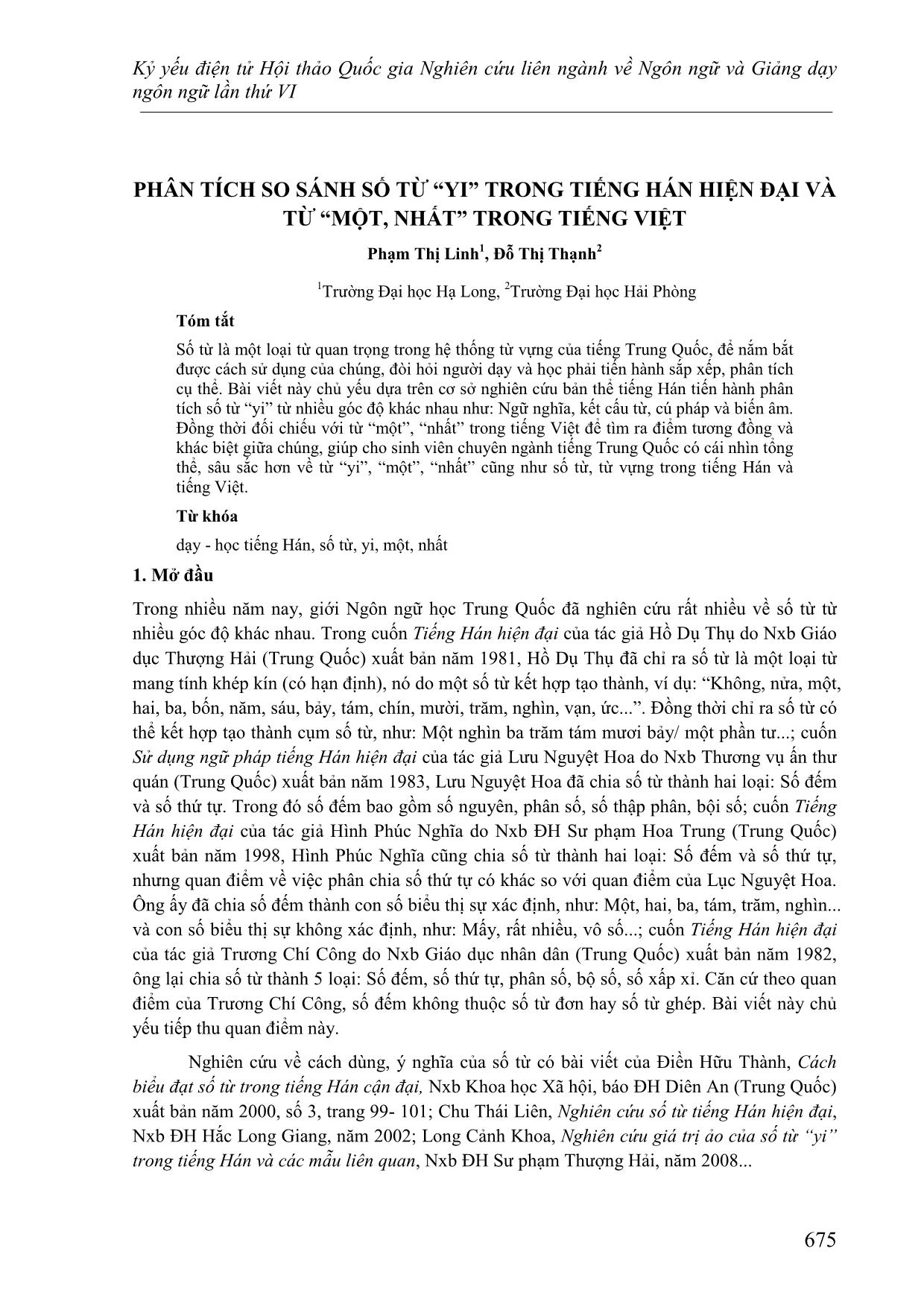 Phân tích so sánh số từ “yi” trong tiếng Hán hiện đại và từ “một, nhất” trong tiếng Việt trang 1