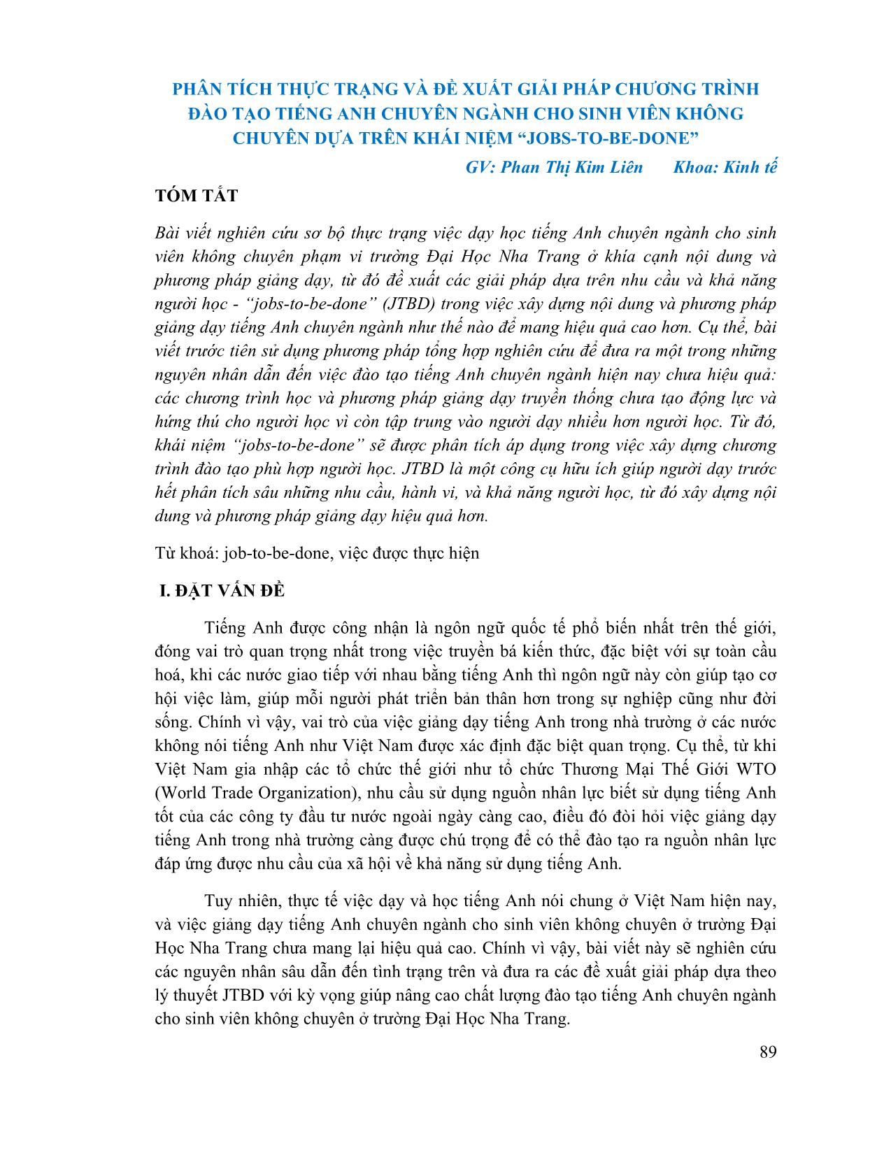 Phân tích thực trạng và đề xuất giải pháp chương trình đào tạo tiếng Anh chuyên ngành cho sinh viên không chuyên dựa trên khái niệm “jobs-to-be-done” trang 1