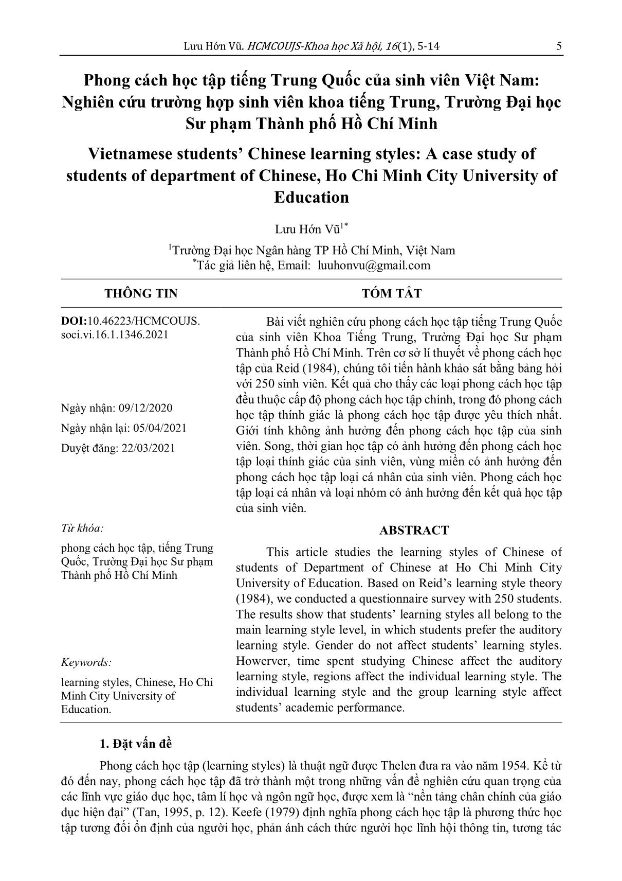 Phong cách học tập tiếng Trung Quốc của sinh viên Việt Nam: Nghiên cứu trường hợp sinh viên khoa tiếng Trung, Trường Đại học Sư phạm Thành phố Hồ Chí Minh trang 1