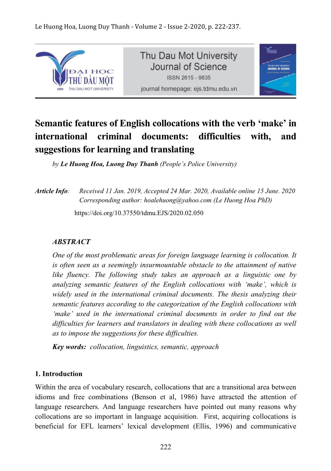 Semantic features of English collocations with the verb make in international criminal documents: Difficulties with, and suggestions for learning and translating trang 1