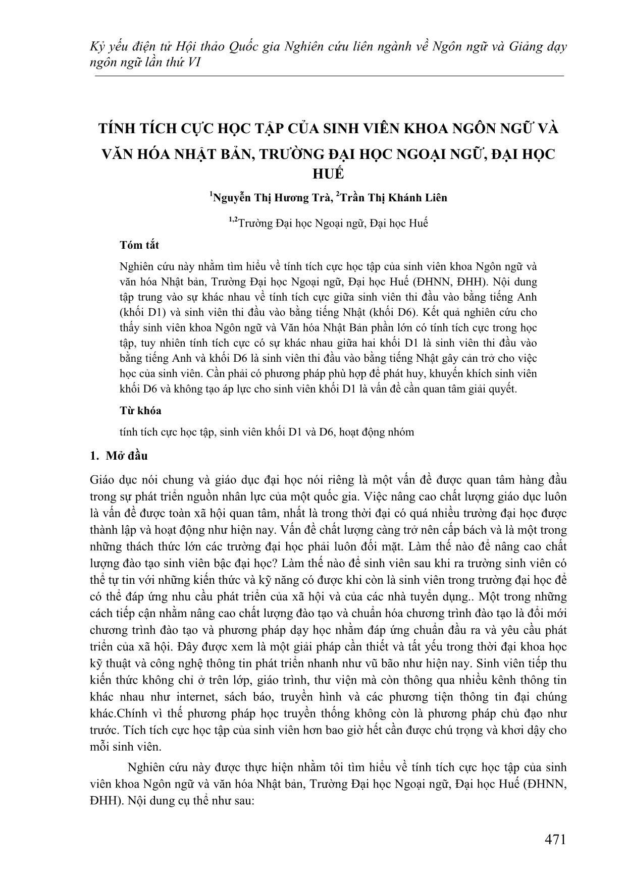 Tính tích cực học tập của sinh viên khoa Ngôn ngữ và văn hóa Nhật Bản, trường Đại học Ngoại ngữ, Đại học Huế trang 1