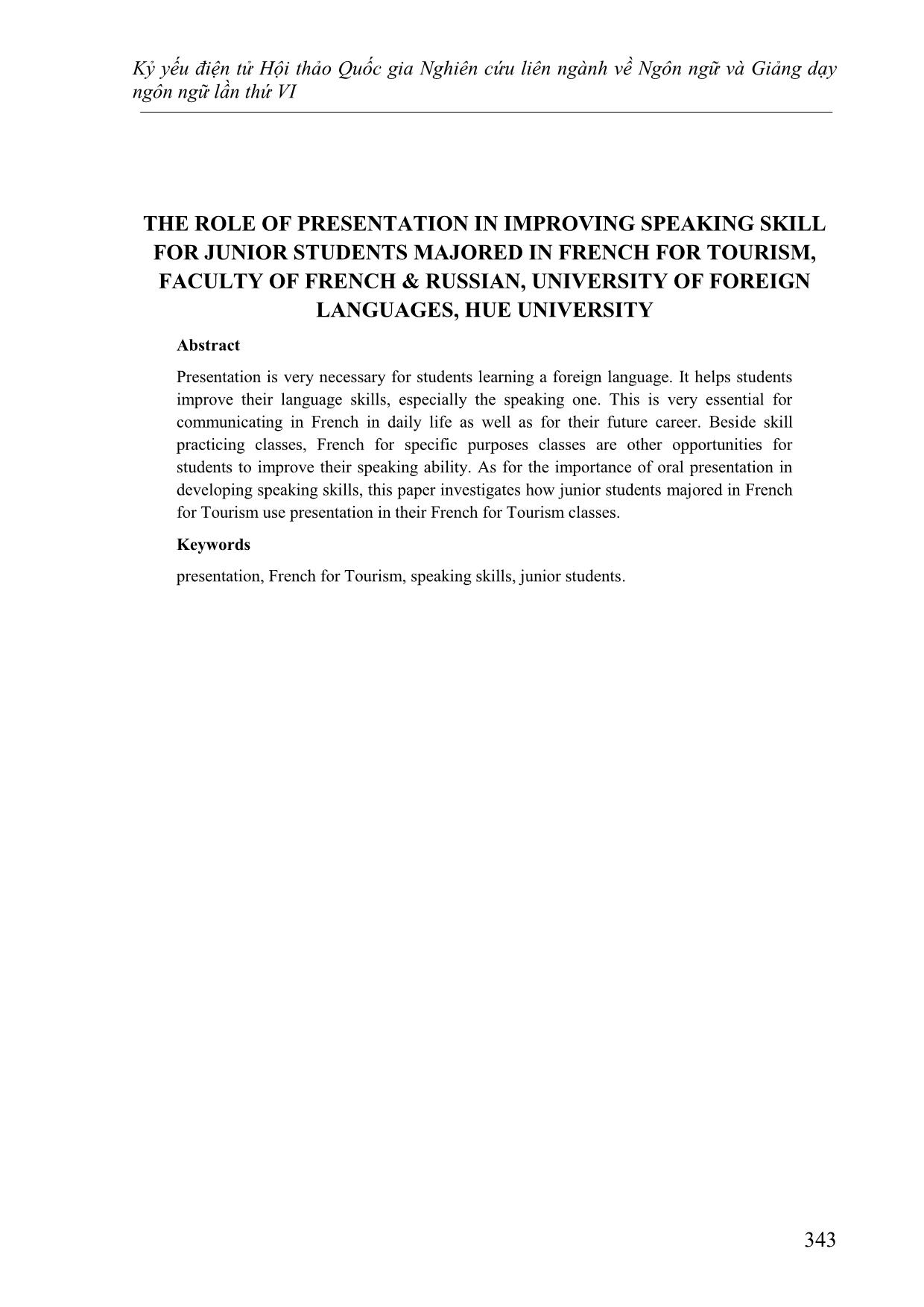 Vai trò của phương pháp thuyết trình trong việc cải thiện kỹ năng nói ở môn Tiếng pháp chuyên ngành Du lịch của sinh viên tiếng Pháp năm thứ 3 Khóa 14 - Khoa tiếng Pháp - Tiếng Nga, trường Đại học Ngoại ngữ trang 9