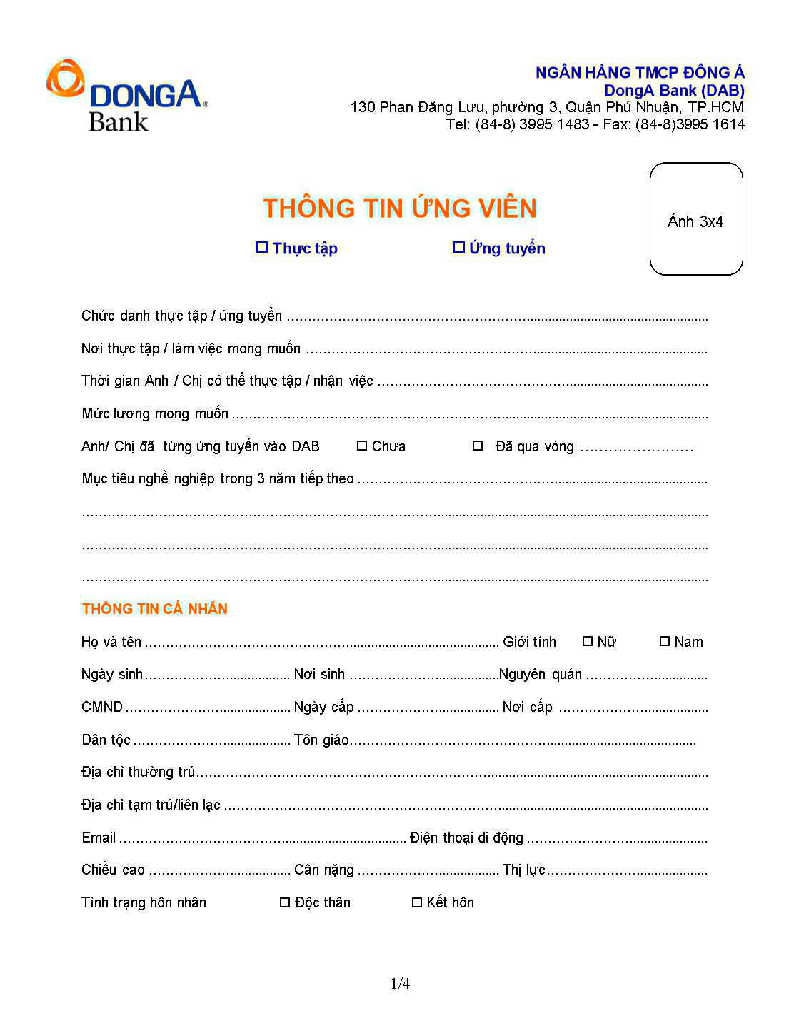 Mẫu Đơn xin việc Ngân hàng Đông Á Bank trang 1