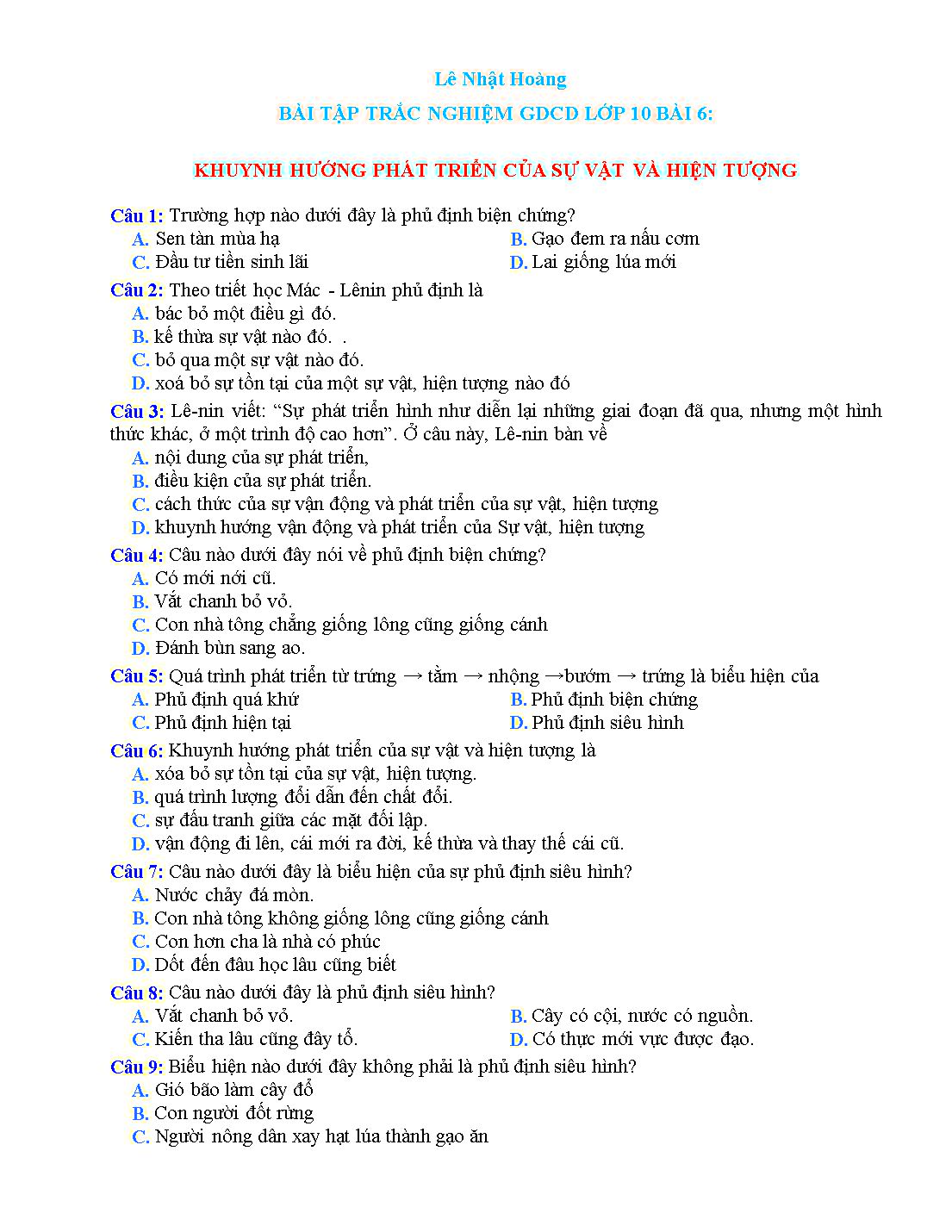 Bài tập trắc nghiệm môn Giáo dục công dân Lớp 10 - Bài 6: Khuynh hướng phát triển của sự vật và hiện tượng - Lê Nhật Hoàng trang 1
