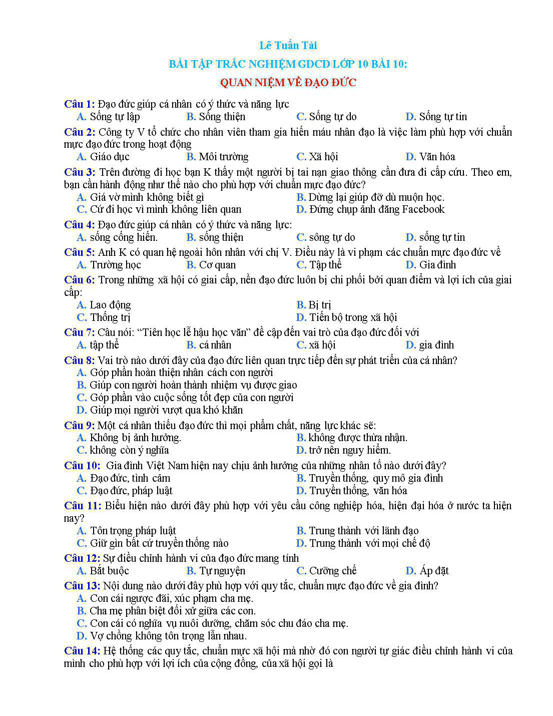 Bài tập trắc nghiệm môn Giáo dục công dân Lớp 10 - Bài 10: Quan niệm về đạo đức - Lê Tuấn Tài trang 1