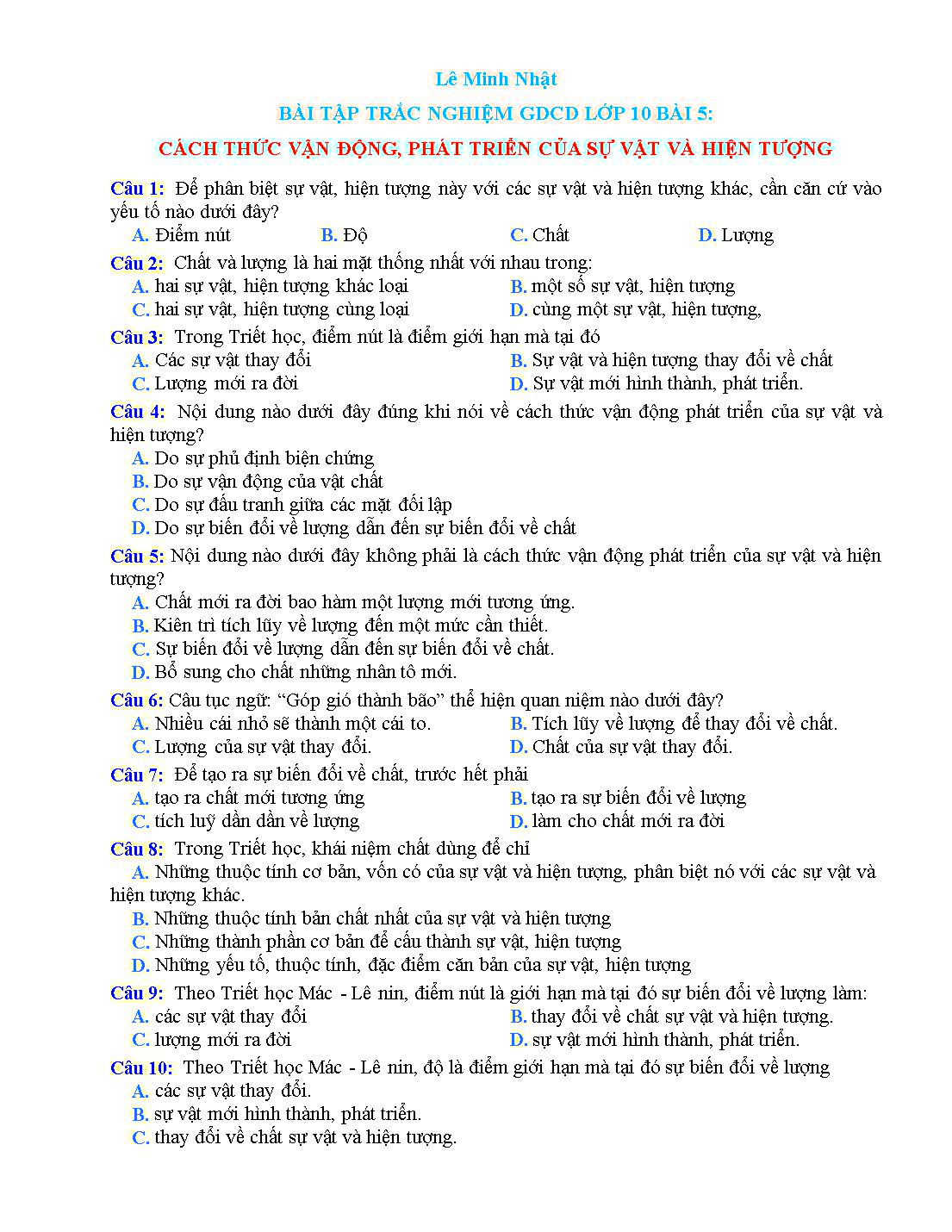 Bài tập trắc nghiệm môn Giáo dục công dân Lớp 10 - Bài 5: Cách thức vận động, phát triển của sự vật và hiện tượng - Lê Minh Nhật trang 1